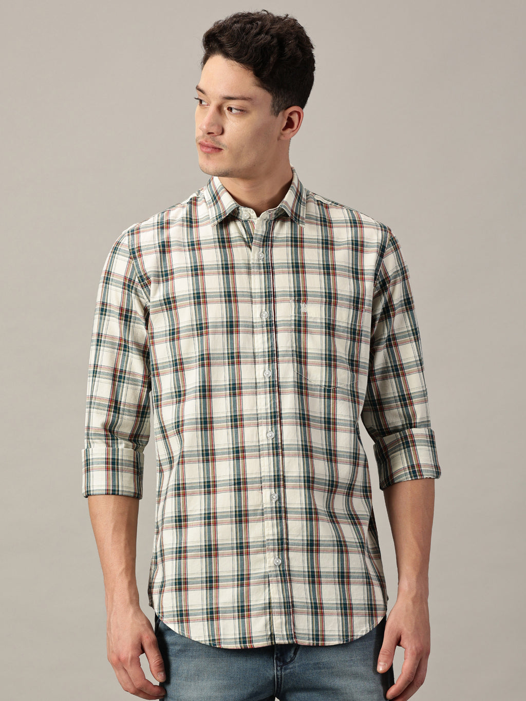 Urban Heritage Giza Twill Off-White Base with Forest Green Check Shirt | Full- Sleeve | Slim Fit