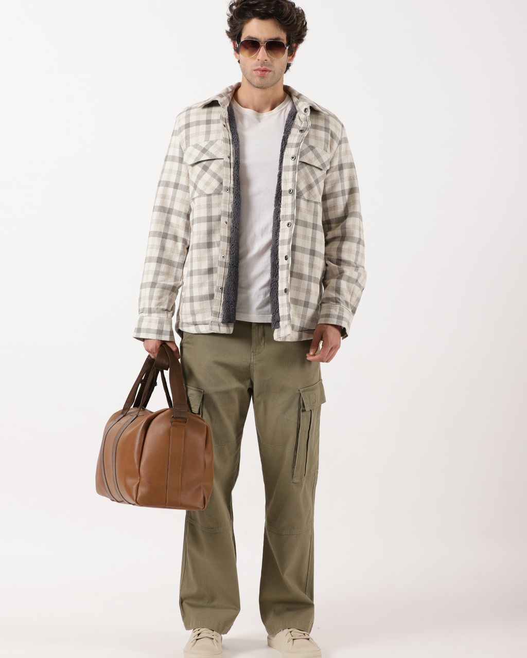 Cream & Beige Men's Fleeece - Lined Checked Shacket