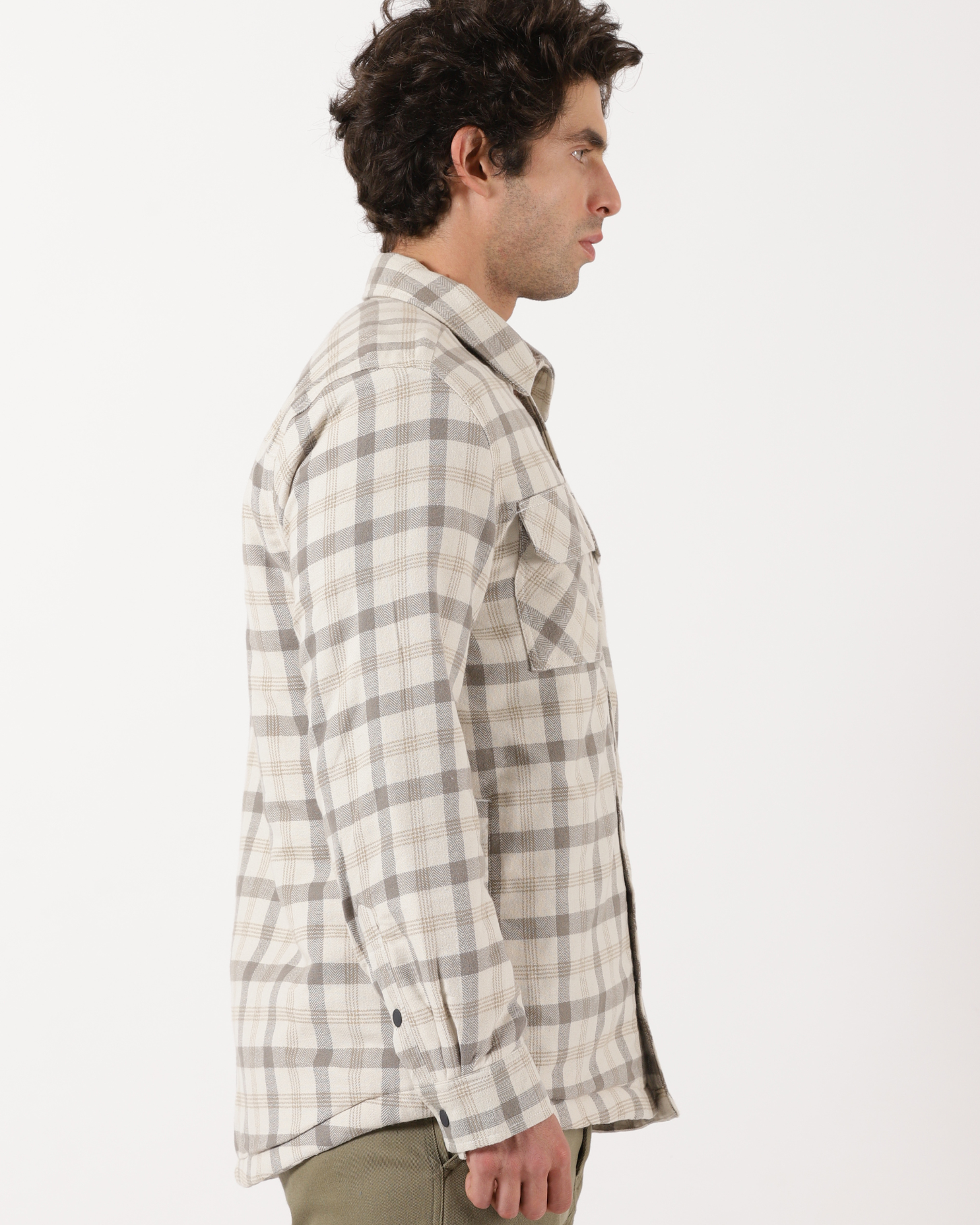 Cream & Beige Men's Fleeece - Lined Checked Shacket