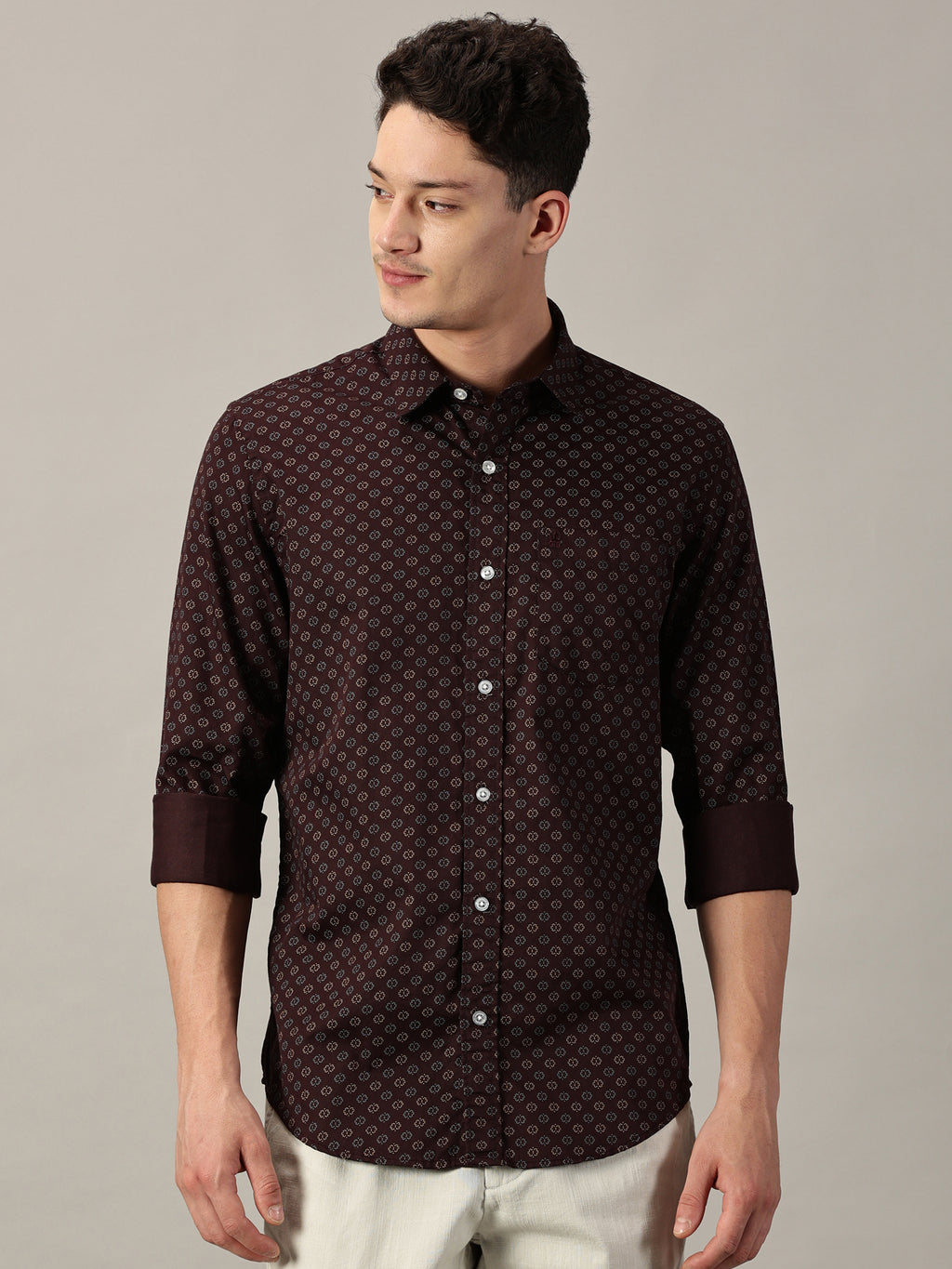 Maroon Geo-Dot Micro Pattern Satin Printed Shirt | Full Sleeve | Slim Fit