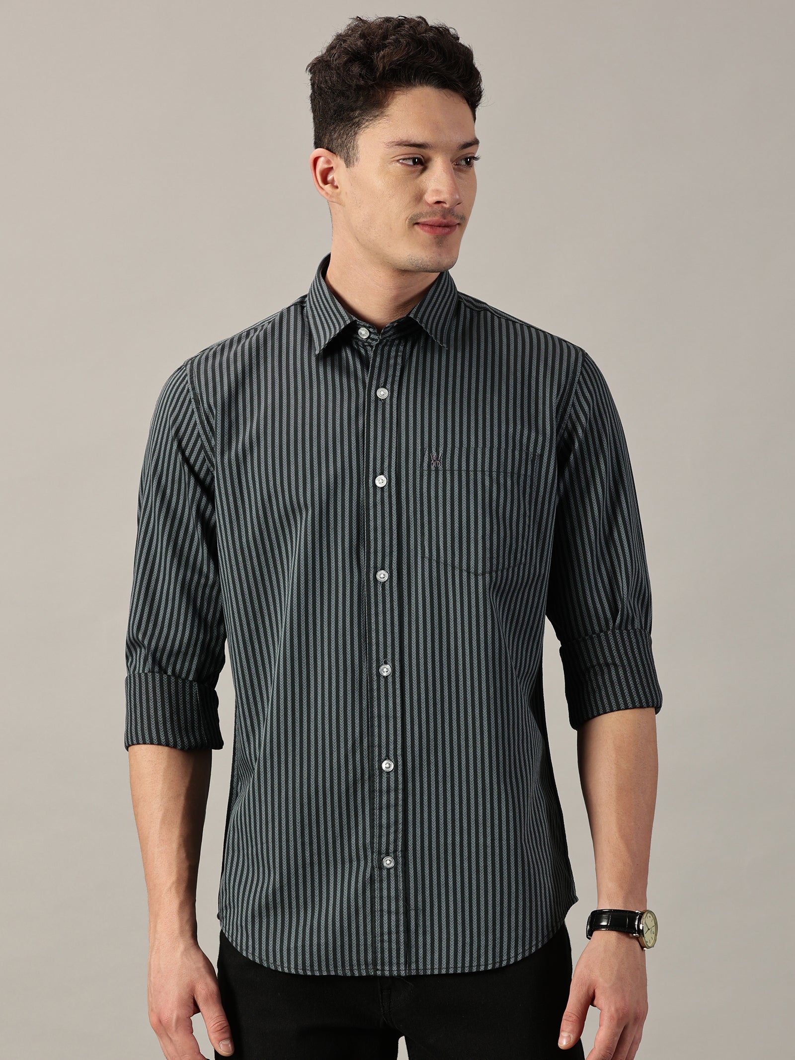 Two- Tone Green Geometric Dobby Extra Fine Men's micro Stripe Shirt | Full Sleeve | Slim Fit