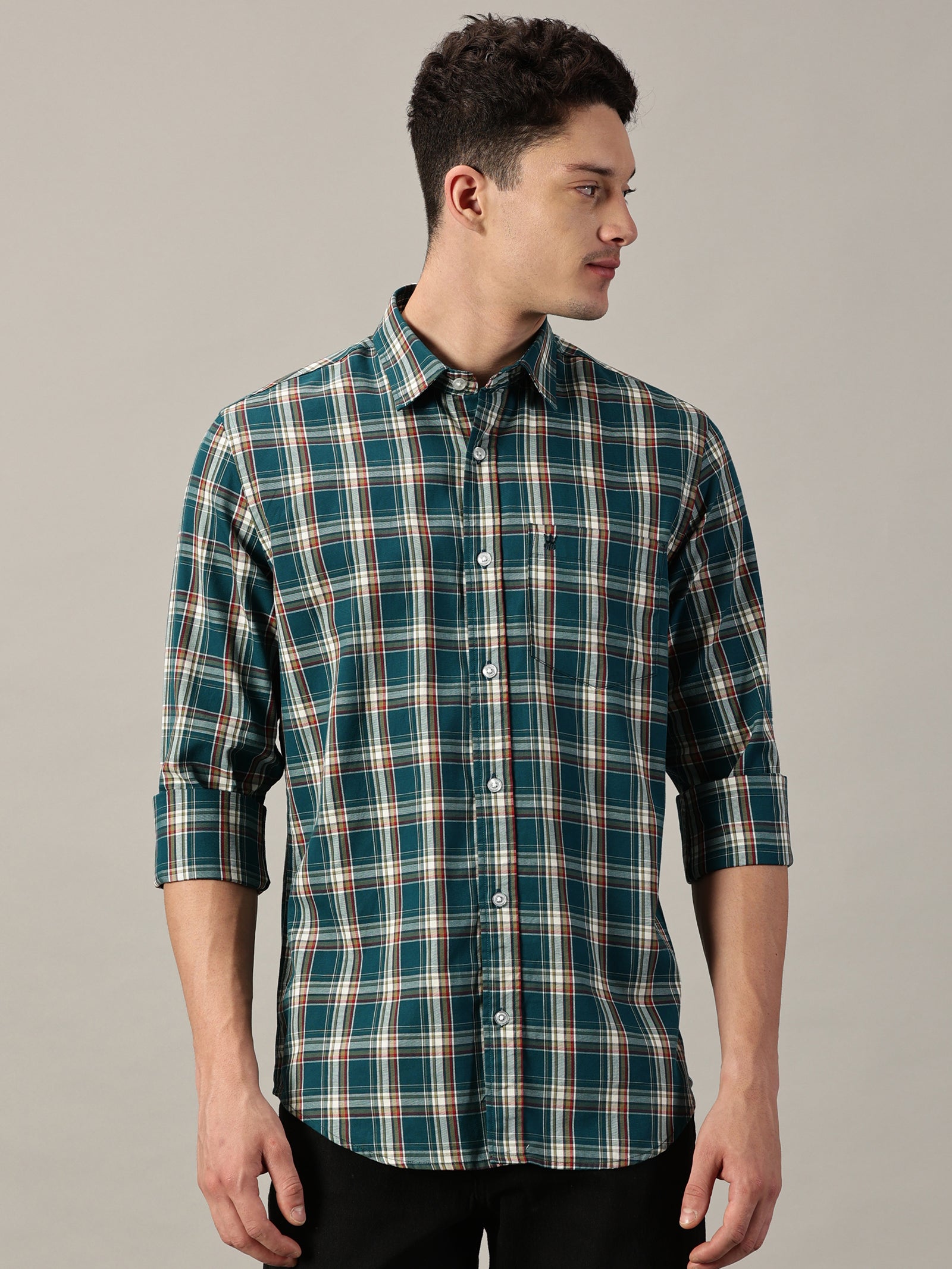Teal Green Checkered Giza Twill Shirt | Full-Sleeve | Slim Fit