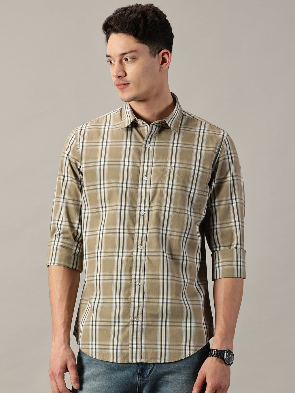 Khaki & Olive Men’s Cotton Checkered Shirt | Full-Sleeve | Slim Fit