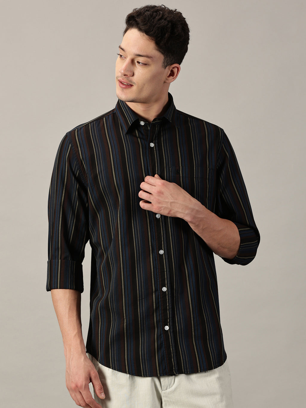 Men's Harbor Blue Multi-Stripe Giza Twill Shirt | Full Sleeve | Slim Fit