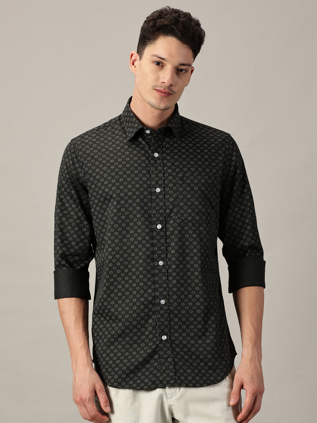 Forest Night Geo‑Dot Micro Pattern Satin Printed Shirt | Full Sleeve | Slim Fit