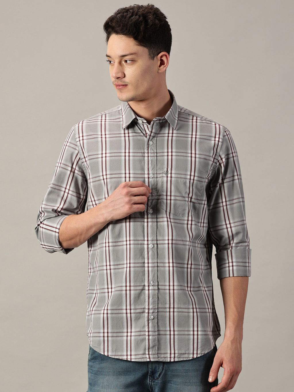 Grey & Maroon Men’s Cotton Checkered Shirt | Full-Sleeve | Slim Fit