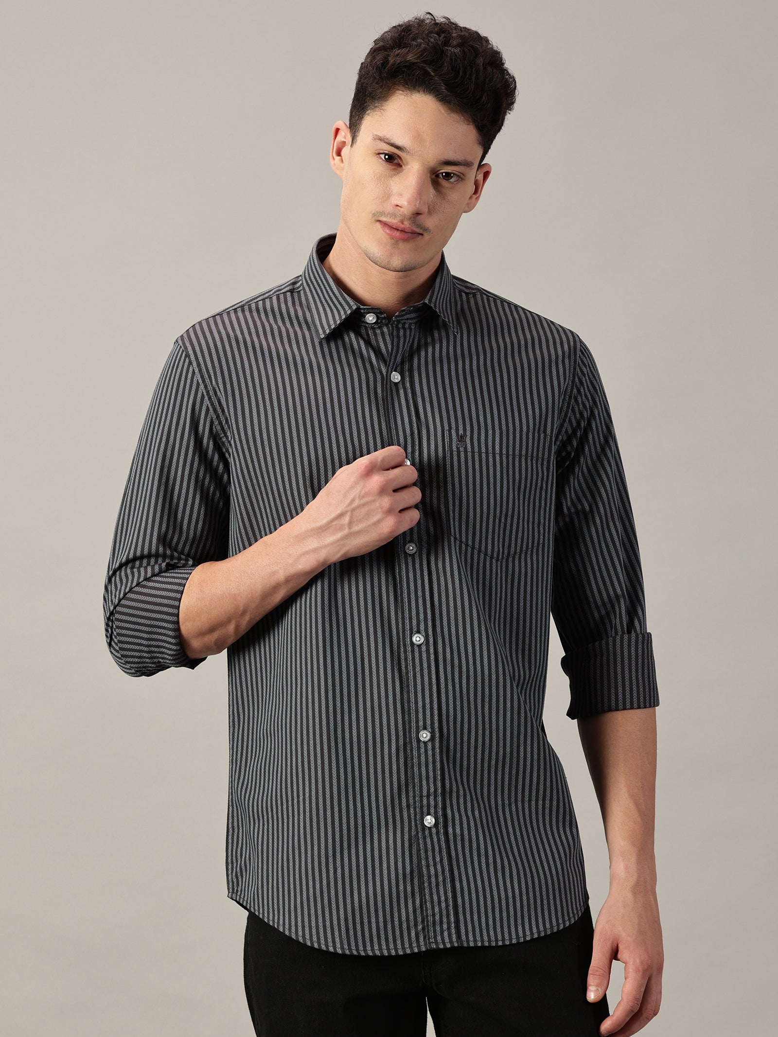 Two- Tone Navy Geometric Dobby Extra Fine Men’s Micro Stripe Shirt | Full Sleeve | Slim Fit