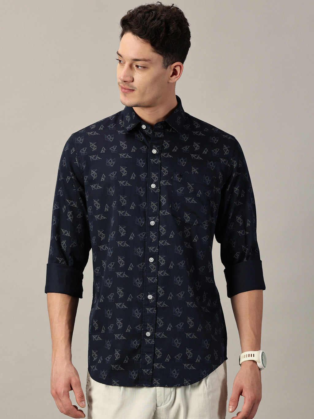 Deep Navy Geo‑Pattern Printed Satin Shirt | Full Sleeve | Slim Fit