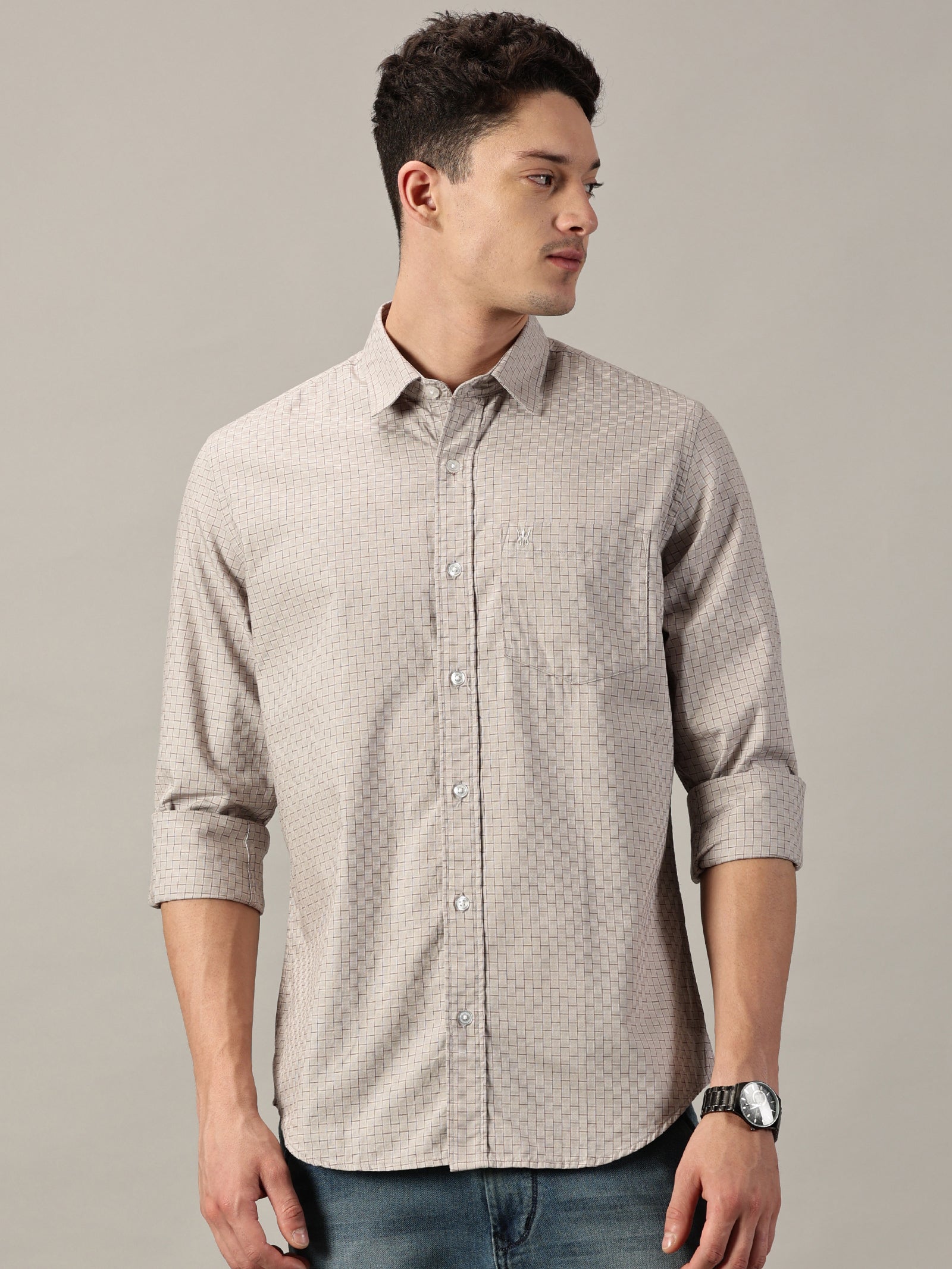 Sandcrest Beige Dobby Extra Fine Men's micro Check Shirt | Full Sleeve | Slim Fit