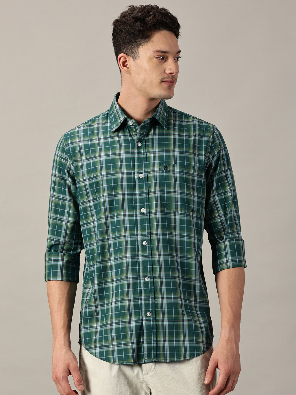 Green Windowpane Men’s Giza Twill Check Shirt | Full Sleeve | Slim Fit