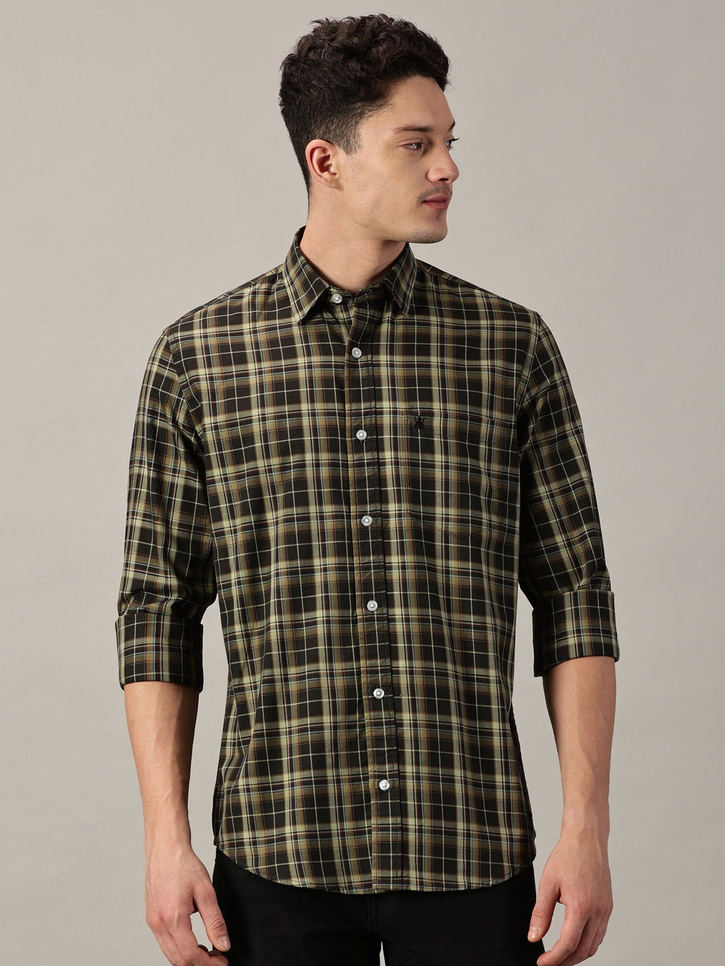 Black & Olive Men’s Giza Twill Checked Shirt | Full Sleeve | Slim Fit