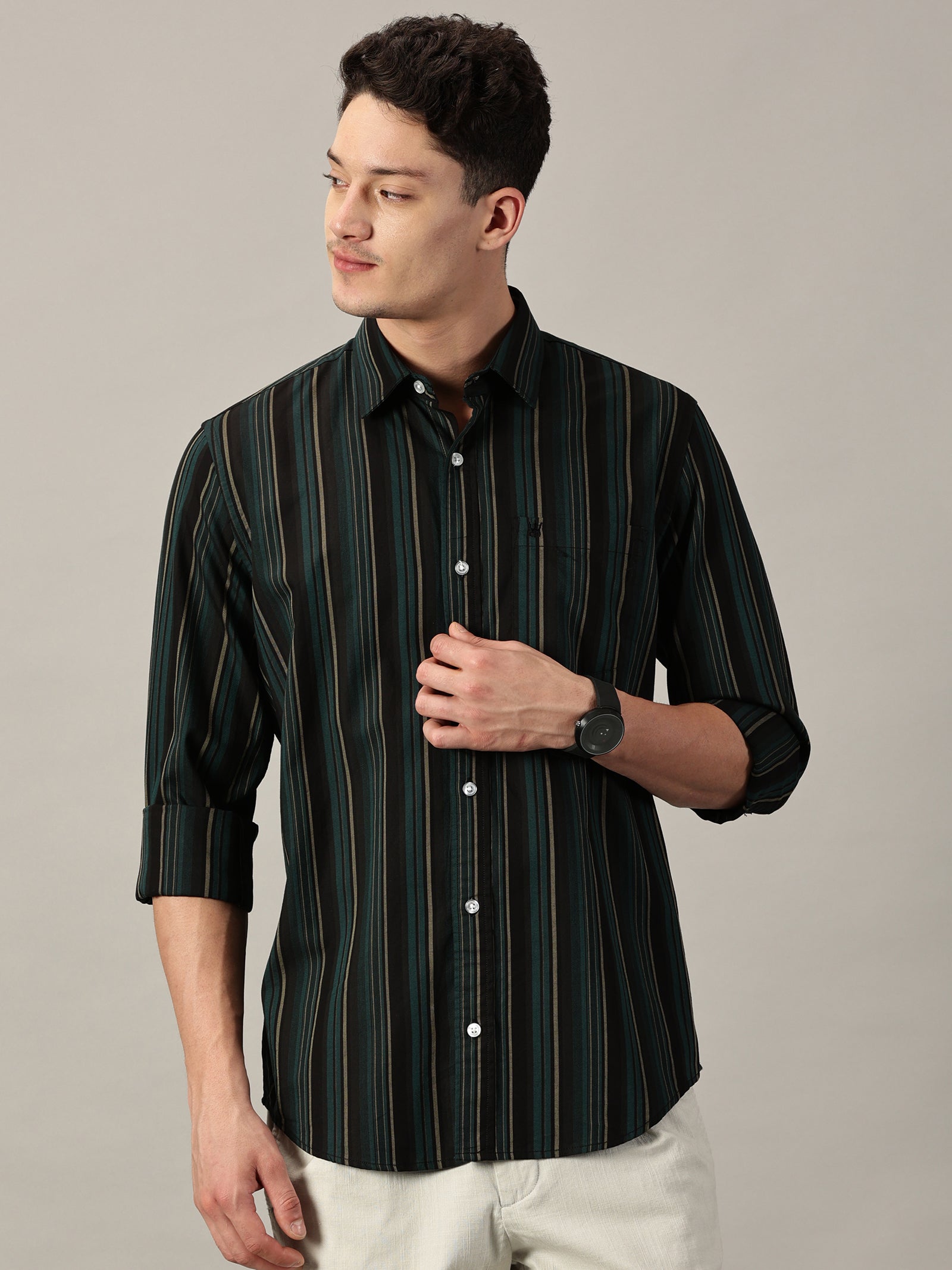 Men’s Harbor Teal Multi-Stripe Giza Twill Shirt | Full Sleeve | Slim Fit