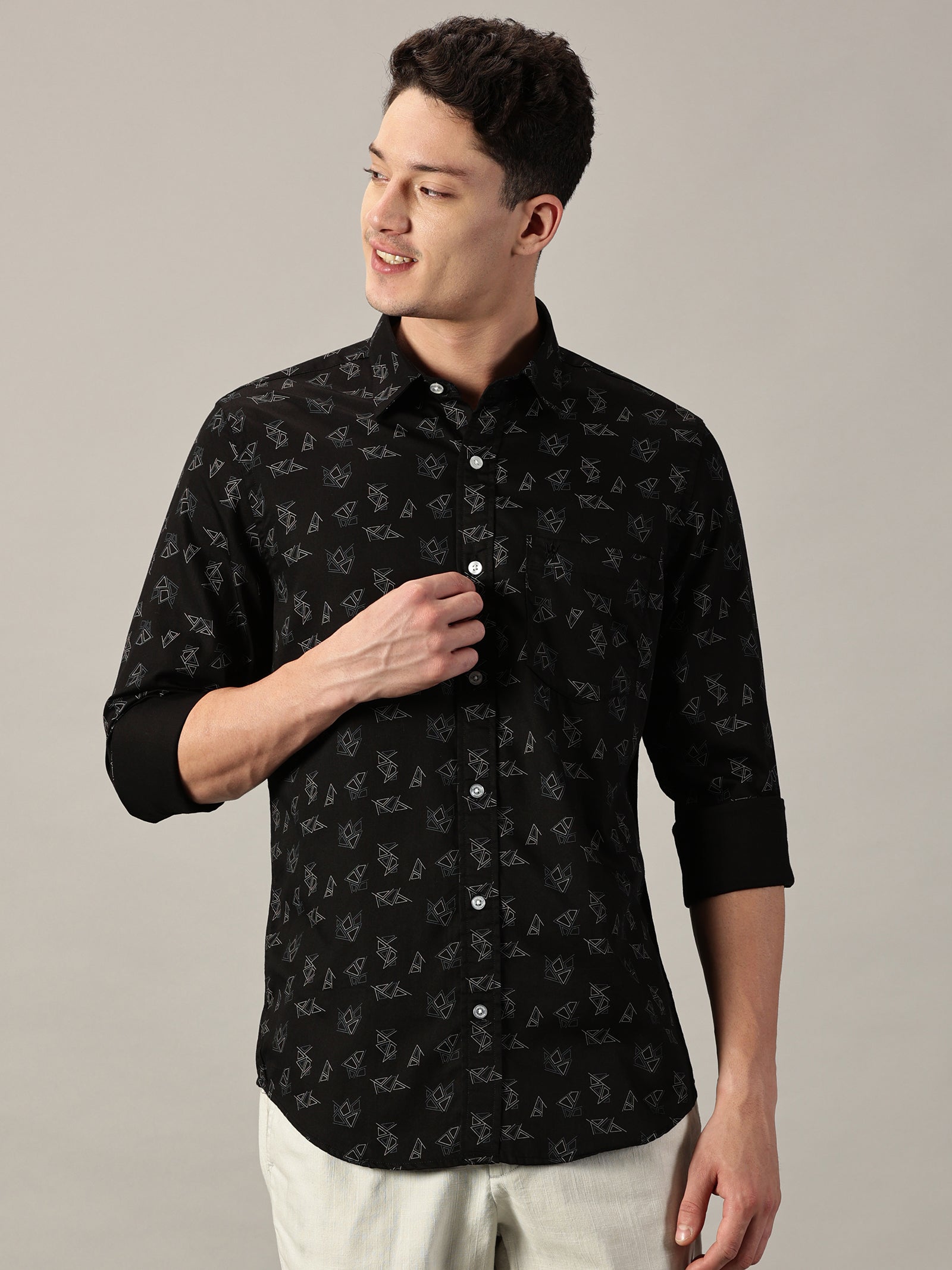 Midnight Black Geo‑Pattern Printed Satin Shirt | Full Sleeve | Slim Fit