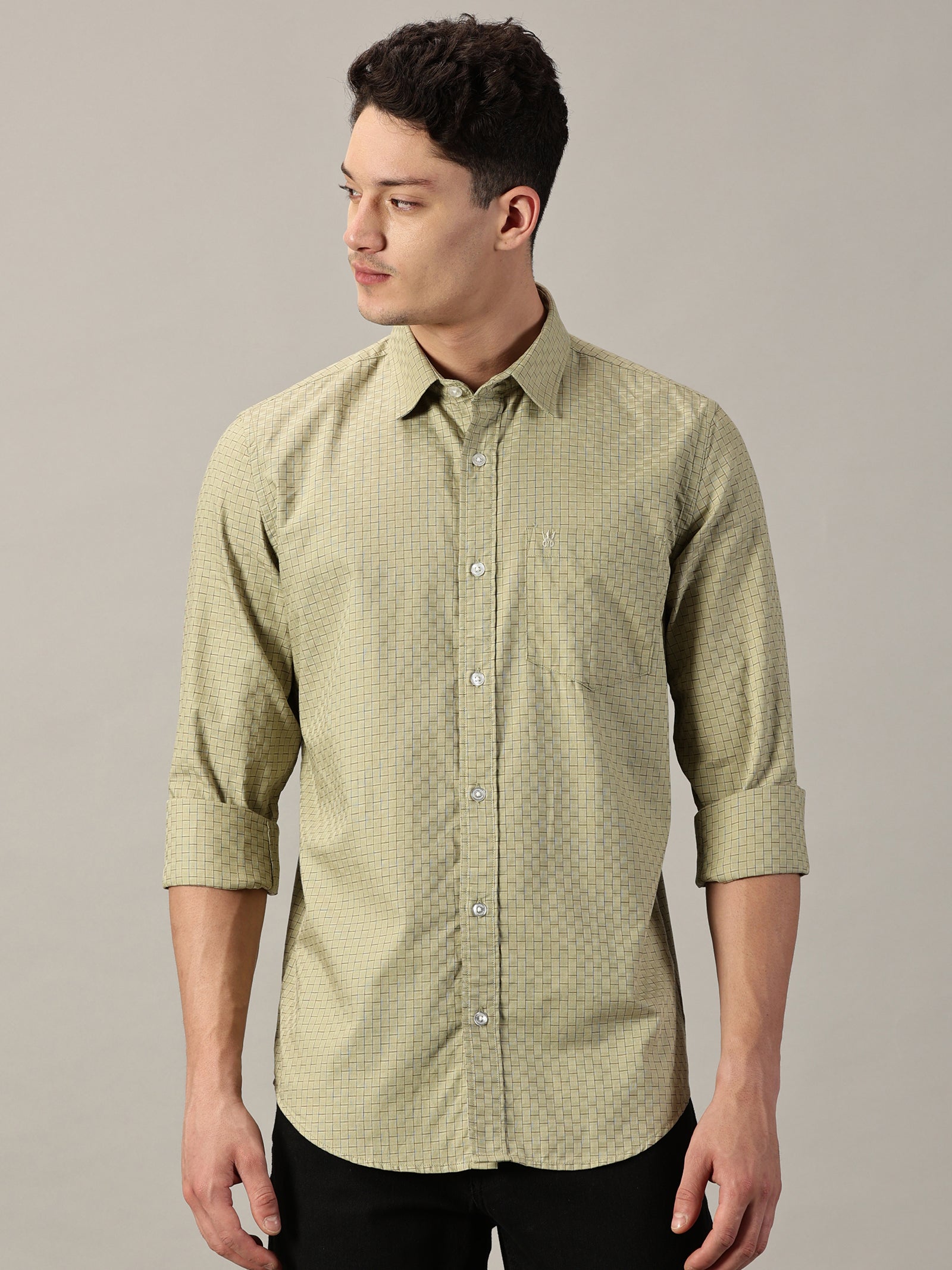 Rugged Olive Dobby Extra Fine Men’s Micro Check Shirt | Full Sleeve | Slim Fit