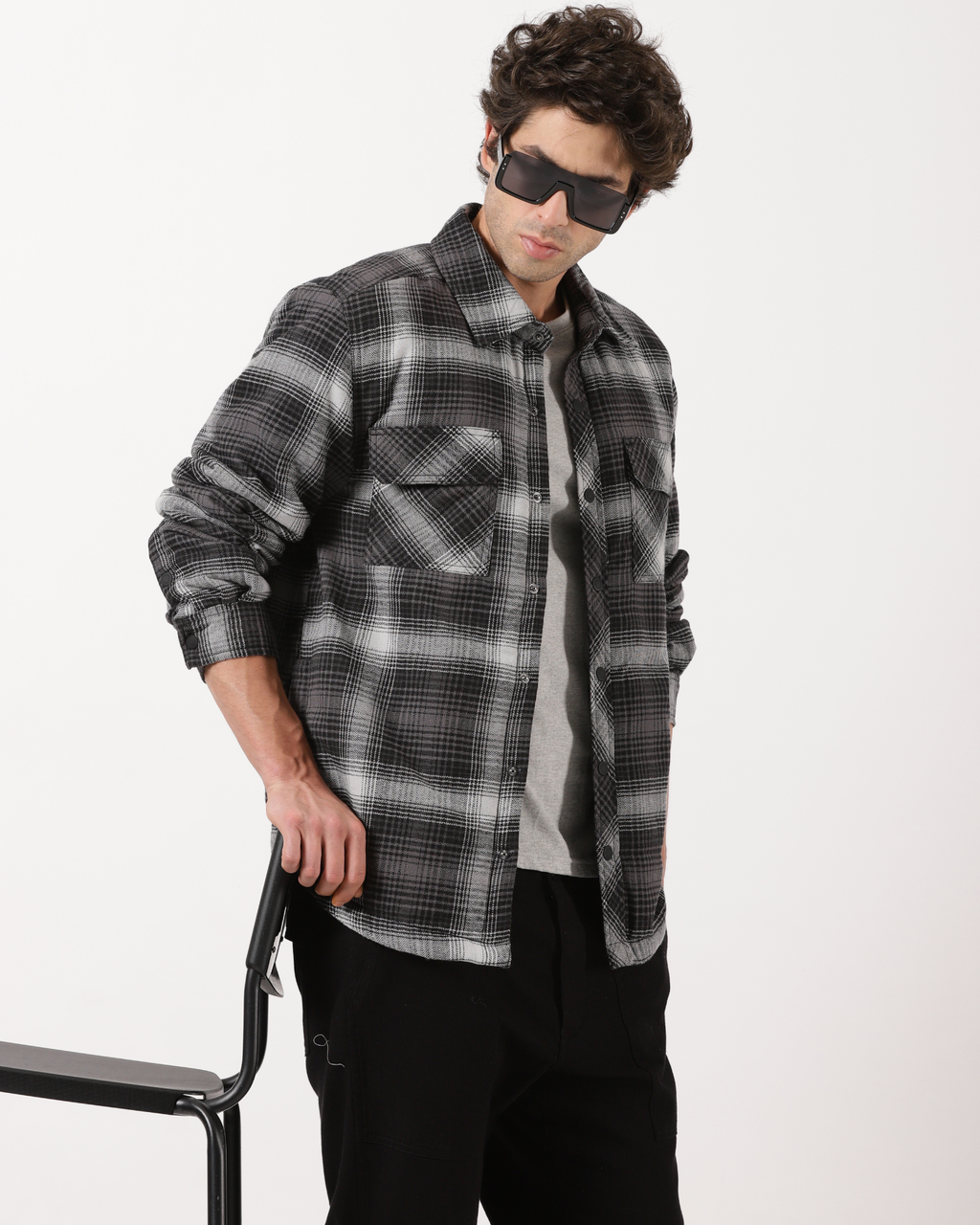 Grey & Black Men's Fleece - Lined Checked Shacket