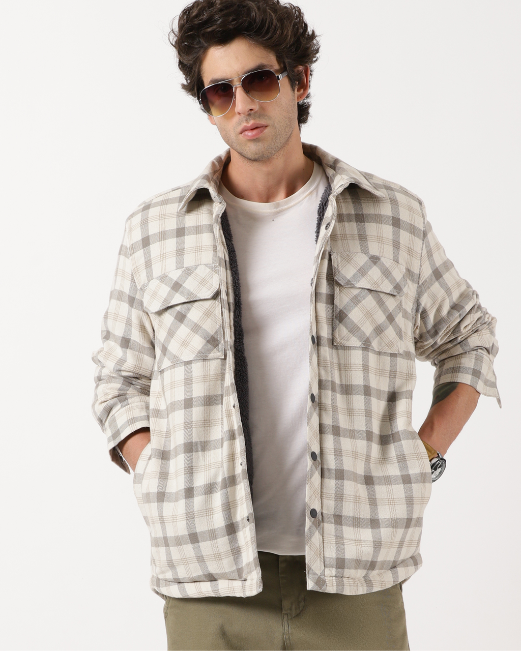 Cream & Beige Men's Fleeece - Lined Checked Shacket
