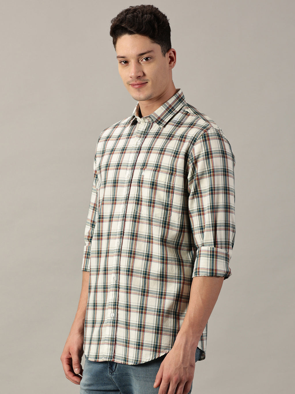Urban Heritage Giza Twill Off-White Base with Forest Green Check Shirt | Full- Sleeve | Slim Fit
