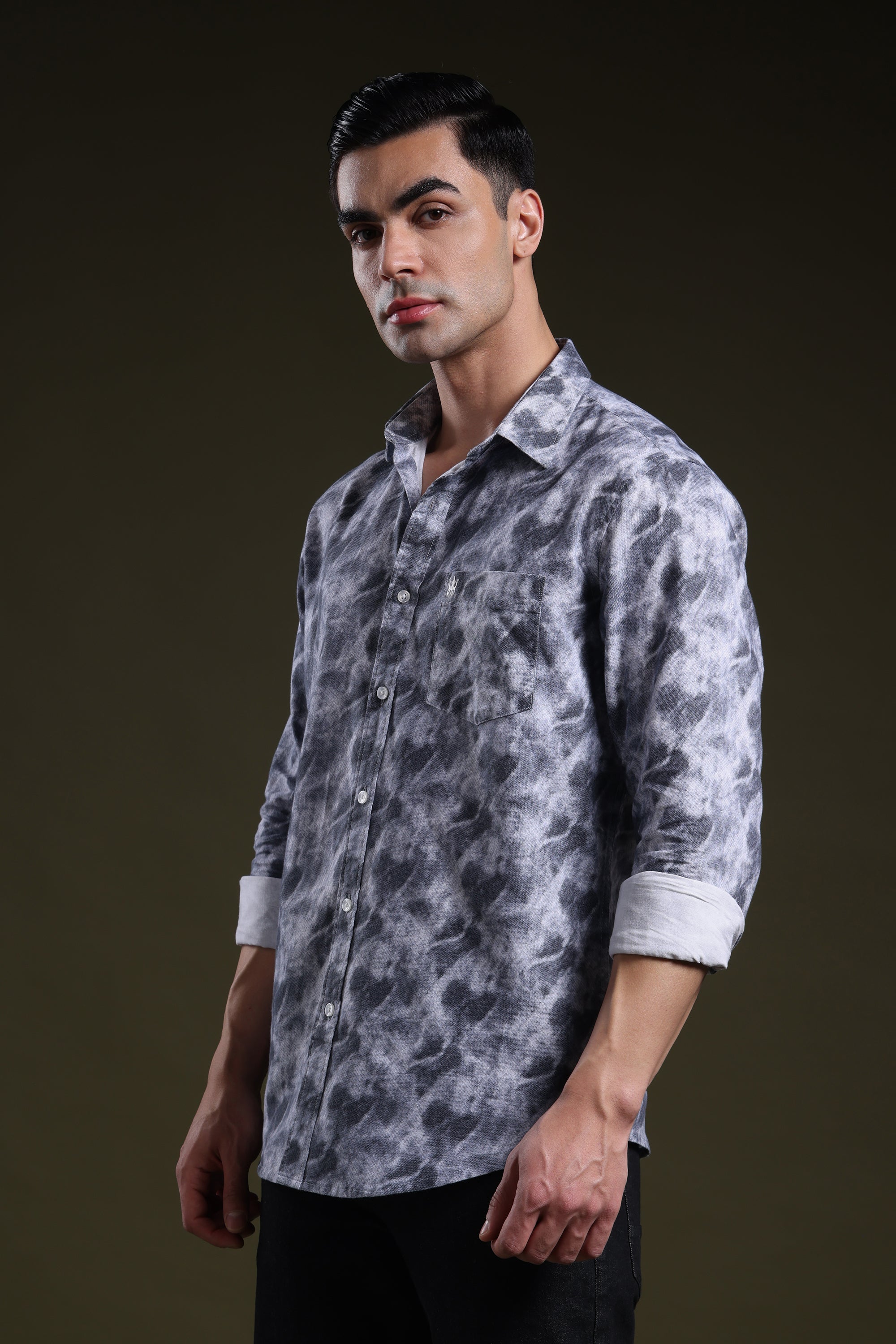 Smoky Grey Men's Oxford Printed Shirt l Full Sleeve l Slim Fit