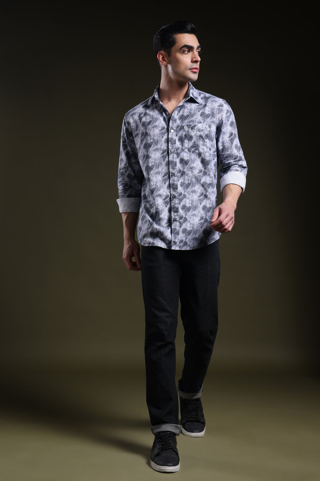 Smoky Grey Men's Oxford Printed Shirt l Full Sleeve l Slim Fit