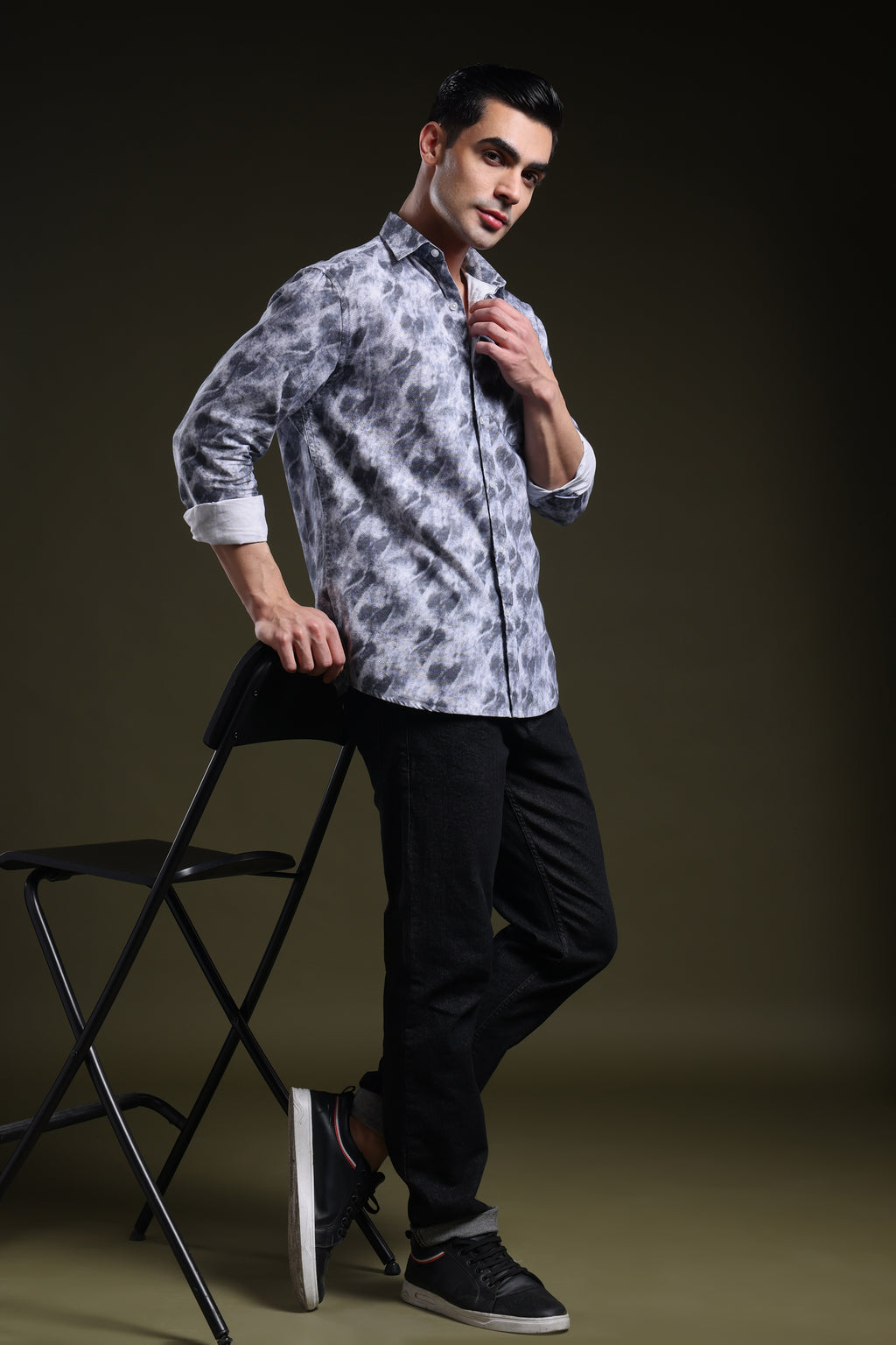 Smoky Grey Men's Oxford Printed Shirt l Full Sleeve l Slim Fit