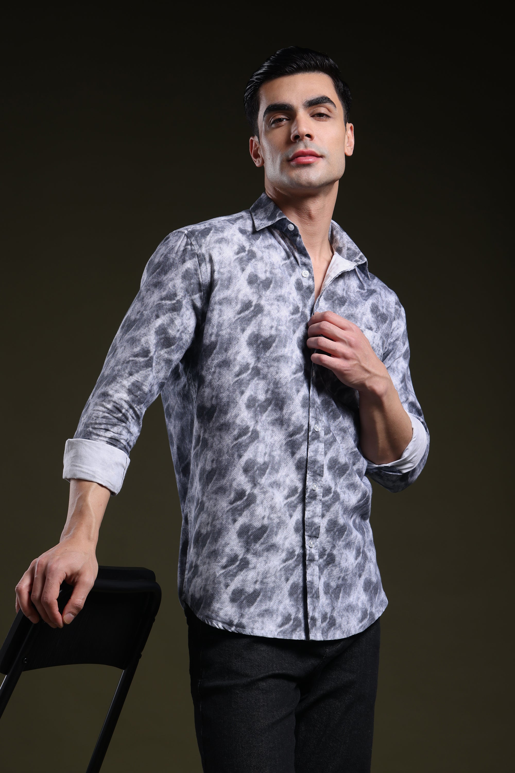 Smoky Grey Men's Oxford Printed Shirt l Full Sleeve l Slim Fit