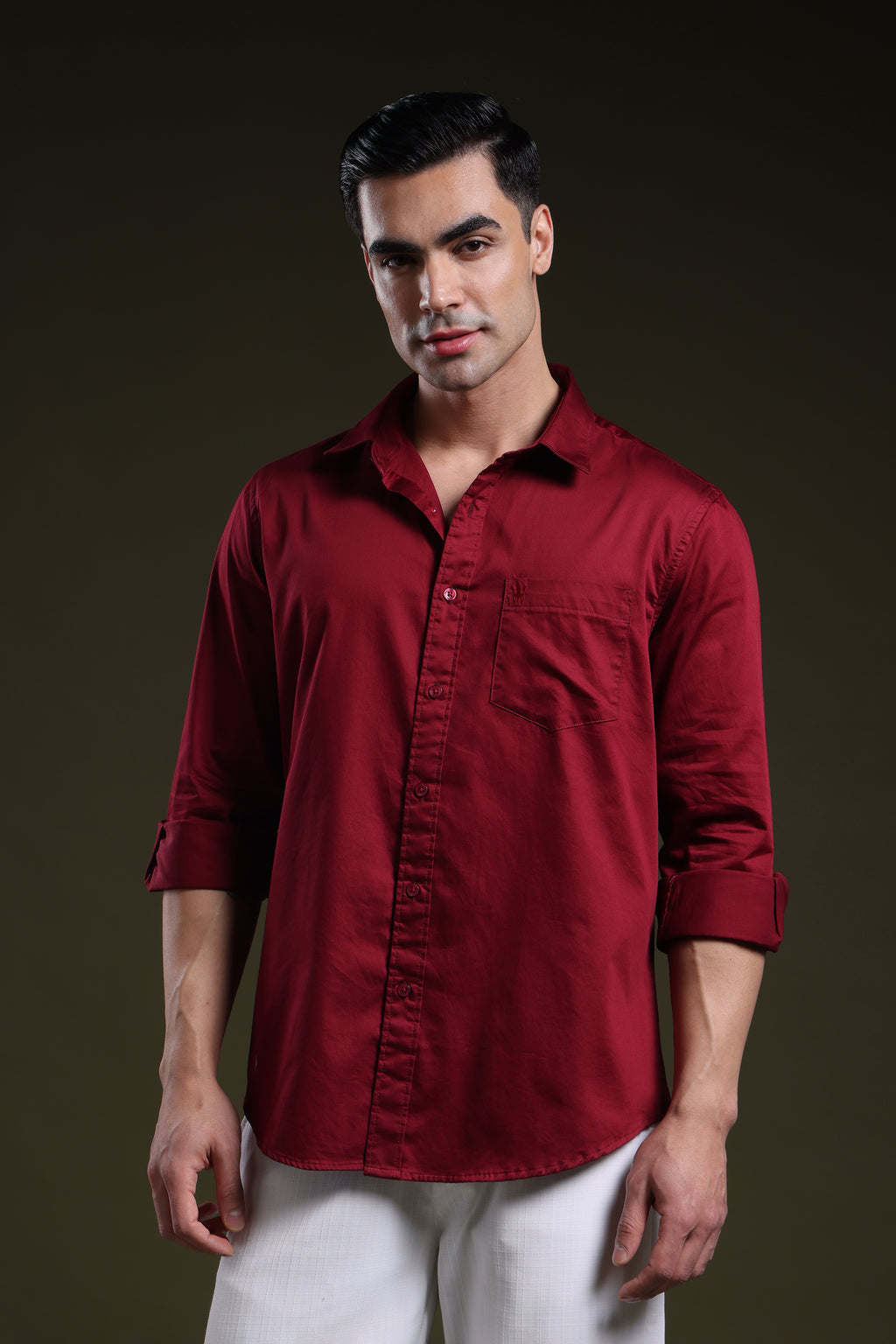 Molten Maroon Men's Solid Satin Shirt l Full Sleeve l Slim Fit