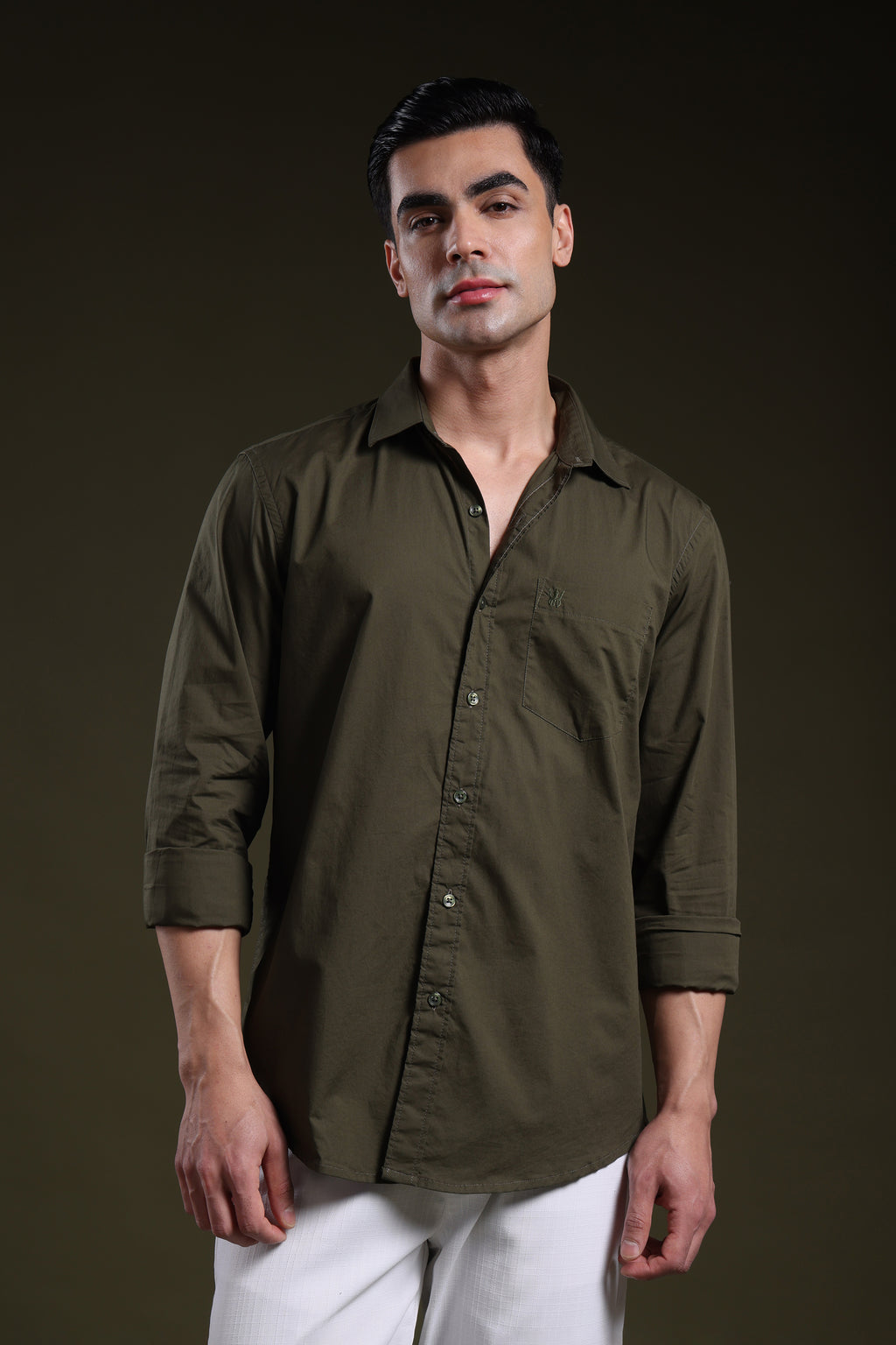 Mosswood Olive Men's Solid Poplin Shirt l Full Sleeve l Slim Fit