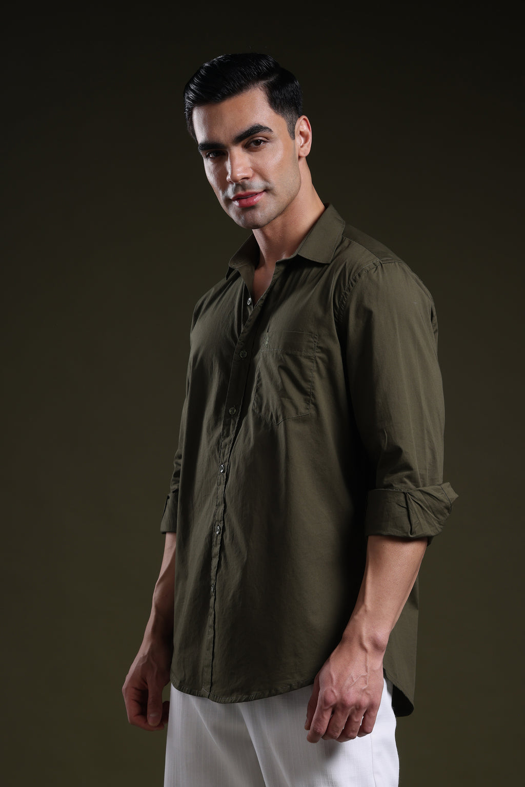 Mosswood Olive Men's Solid Poplin Shirt l Full Sleeve l Slim Fit