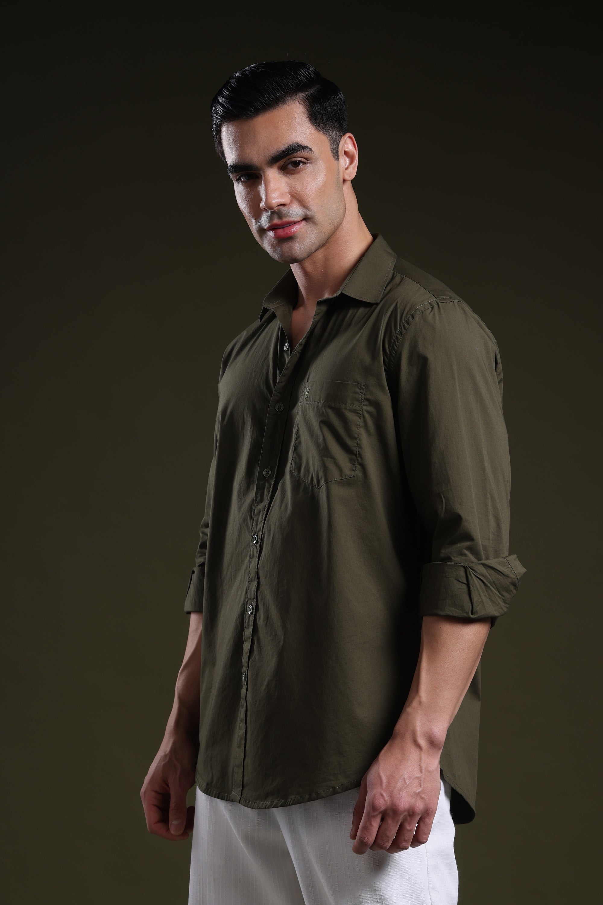 Mosswood Olive Men's Solid Poplin Shirt l Full Sleeve l Slim Fit