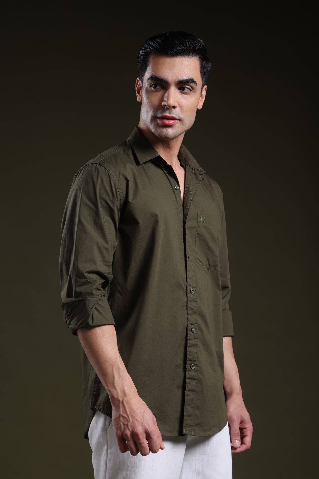 Mosswood Olive Men's Solid Poplin Shirt l Full Sleeve l Slim Fit