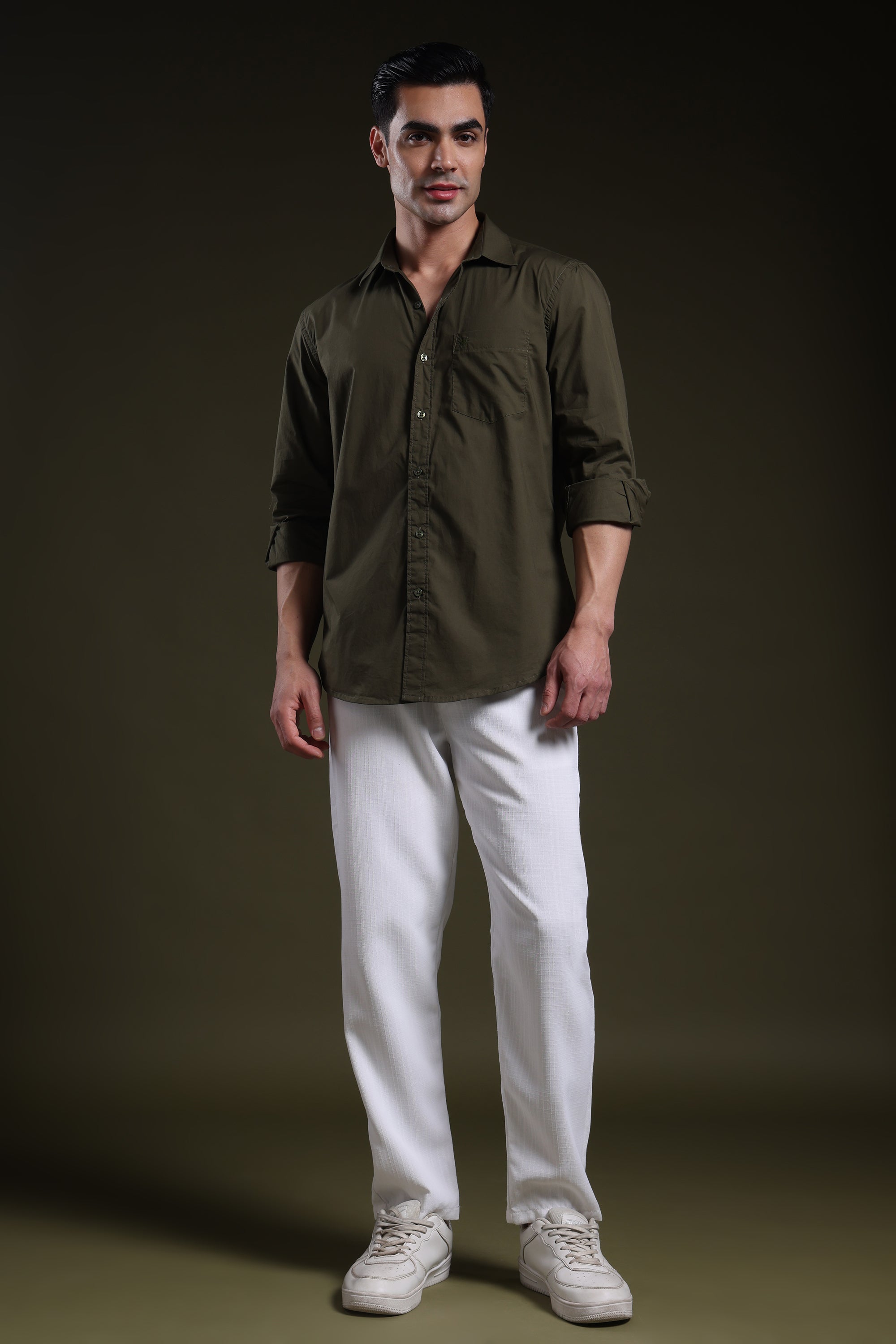 Mosswood Olive Men's Solid Poplin Shirt l Full Sleeve l Slim Fit