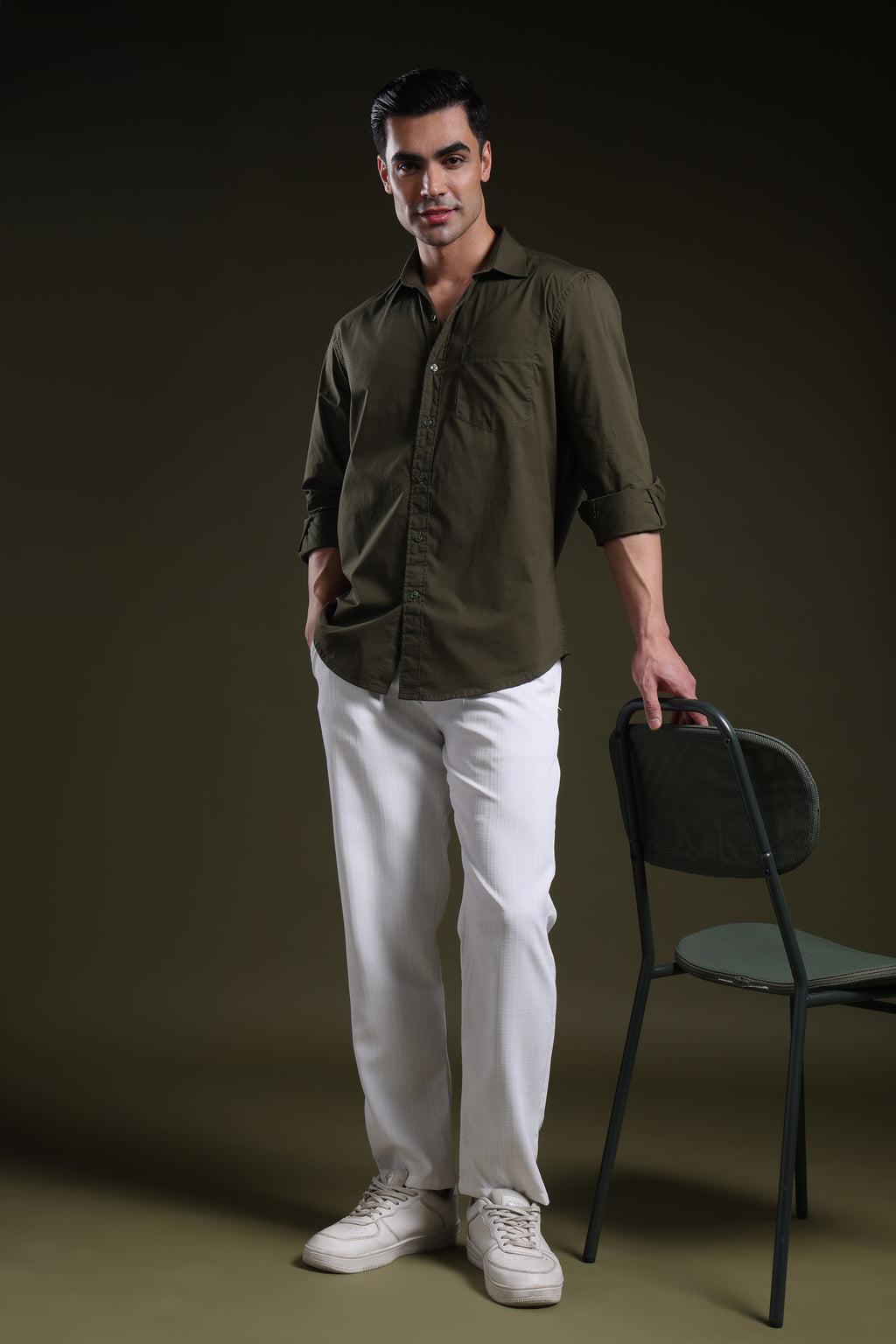 Mosswood Olive Men's Solid Poplin Shirt l Full Sleeve l Slim Fit