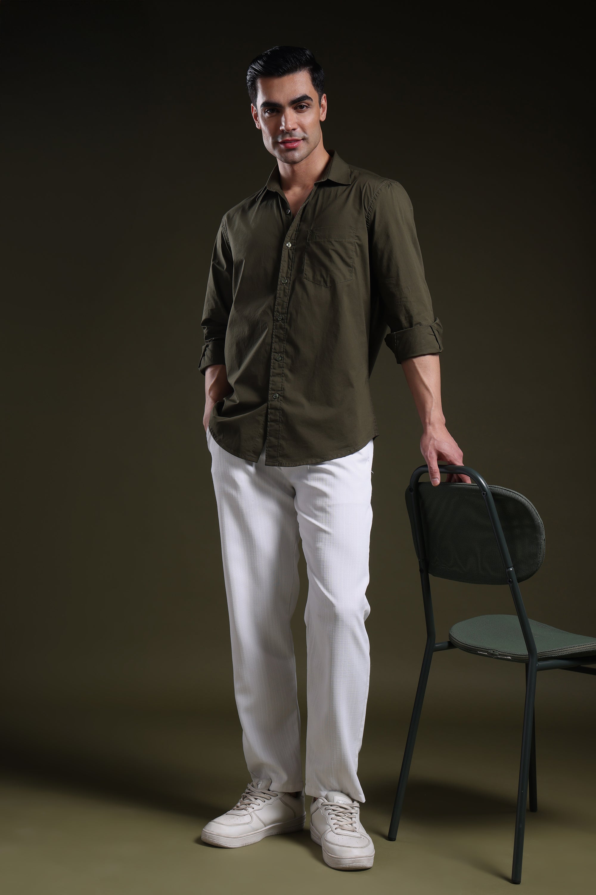 Mosswood Olive Men's Solid Poplin Shirt l Full Sleeve l Slim Fit