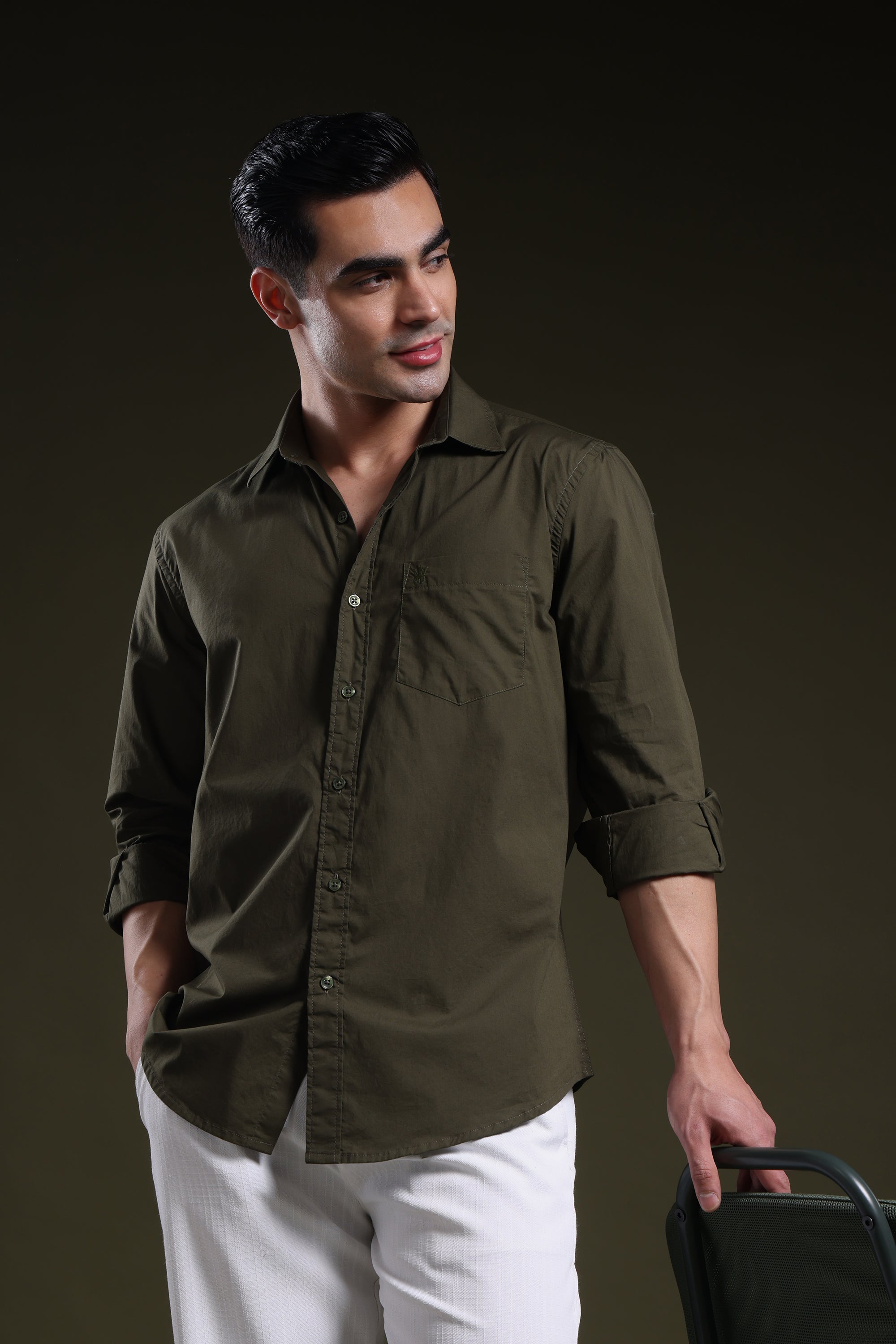 Mosswood Olive Men's Solid Poplin Shirt l Full Sleeve l Slim Fit