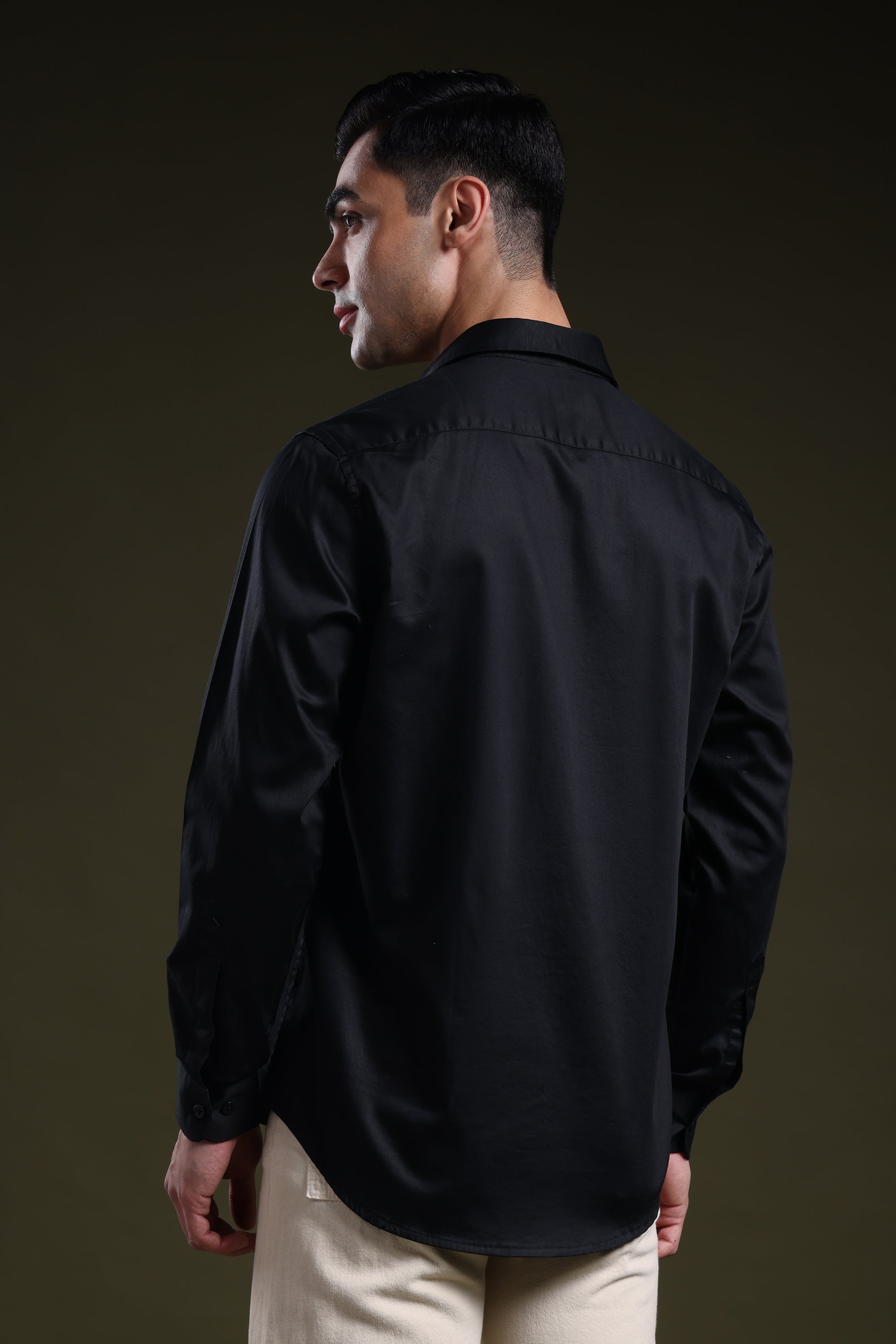 Luxe Black Men's Solid Satin Shirt l Full Sleeve l Slim Fit