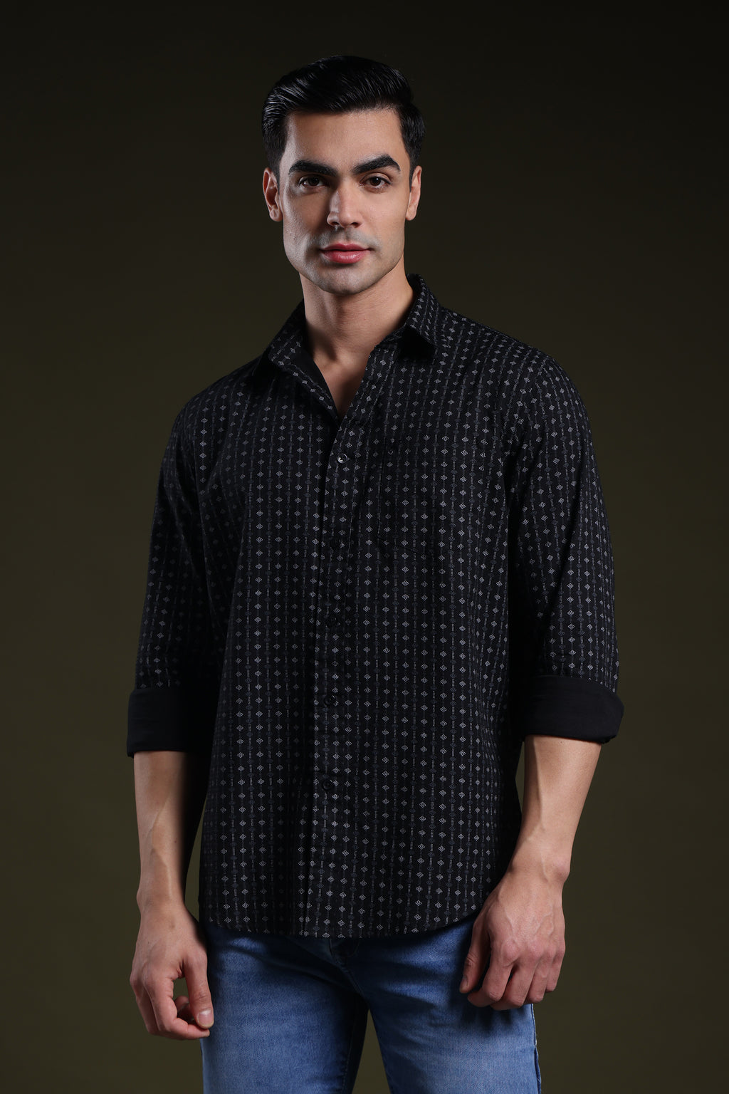 Textured Grid Black Men's Dobby Printed Shirt l Full Sleeve l Slim Fit