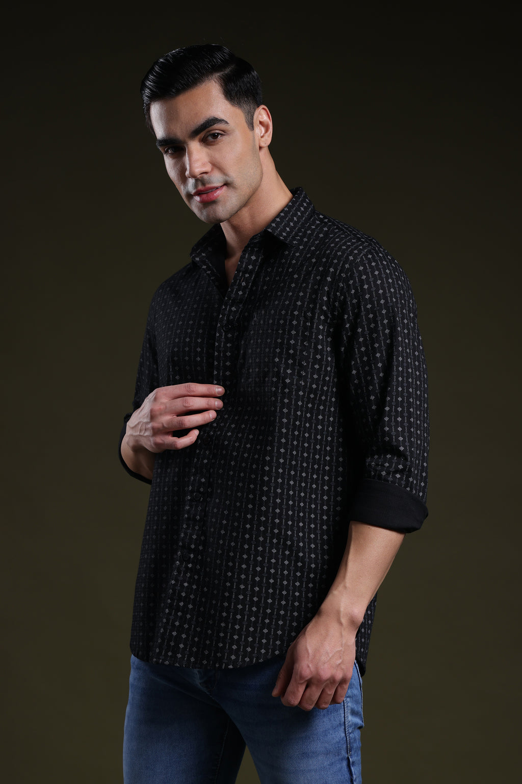 Textured Grid Black Men's Dobby Printed Shirt l Full Sleeve l Slim Fit