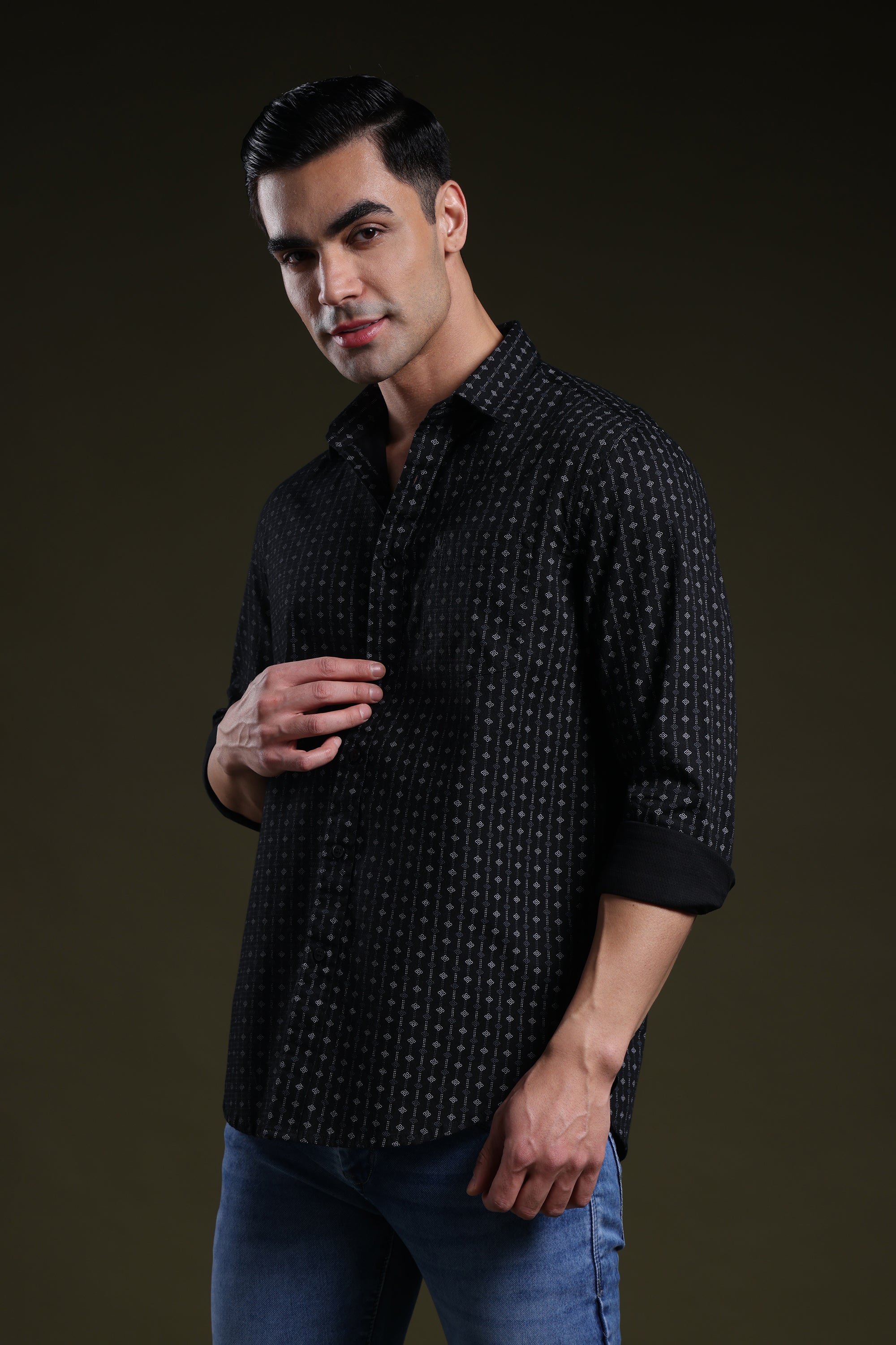 Textured Grid Black Men's Dobby Printed Shirt l Full Sleeve l Slim Fit