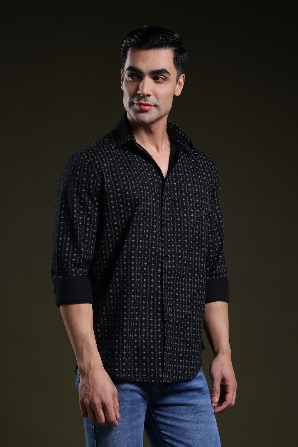 Textured Grid Black Men's Dobby Printed Shirt l Full Sleeve l Slim Fit