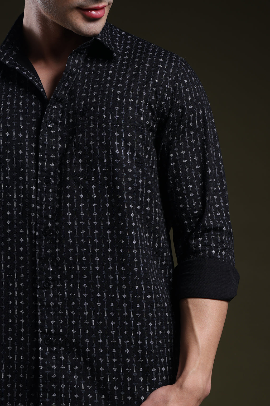 Textured Grid Black Men's Dobby Printed Shirt l Full Sleeve l Slim Fit