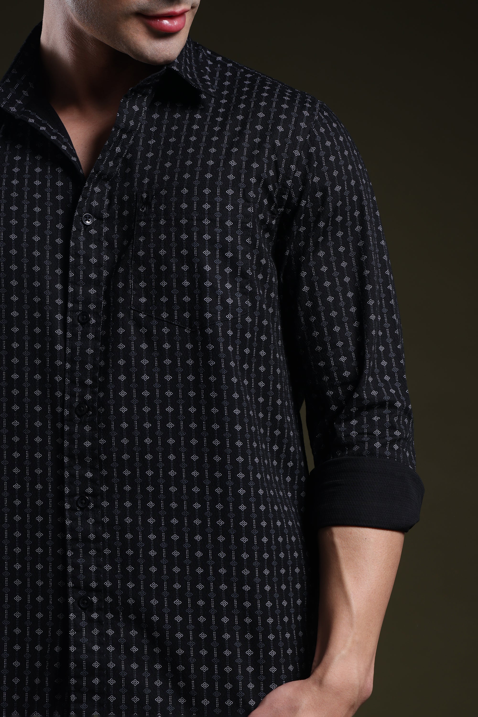 Textured Grid Black Men's Dobby Printed Shirt l Full Sleeve l Slim Fit