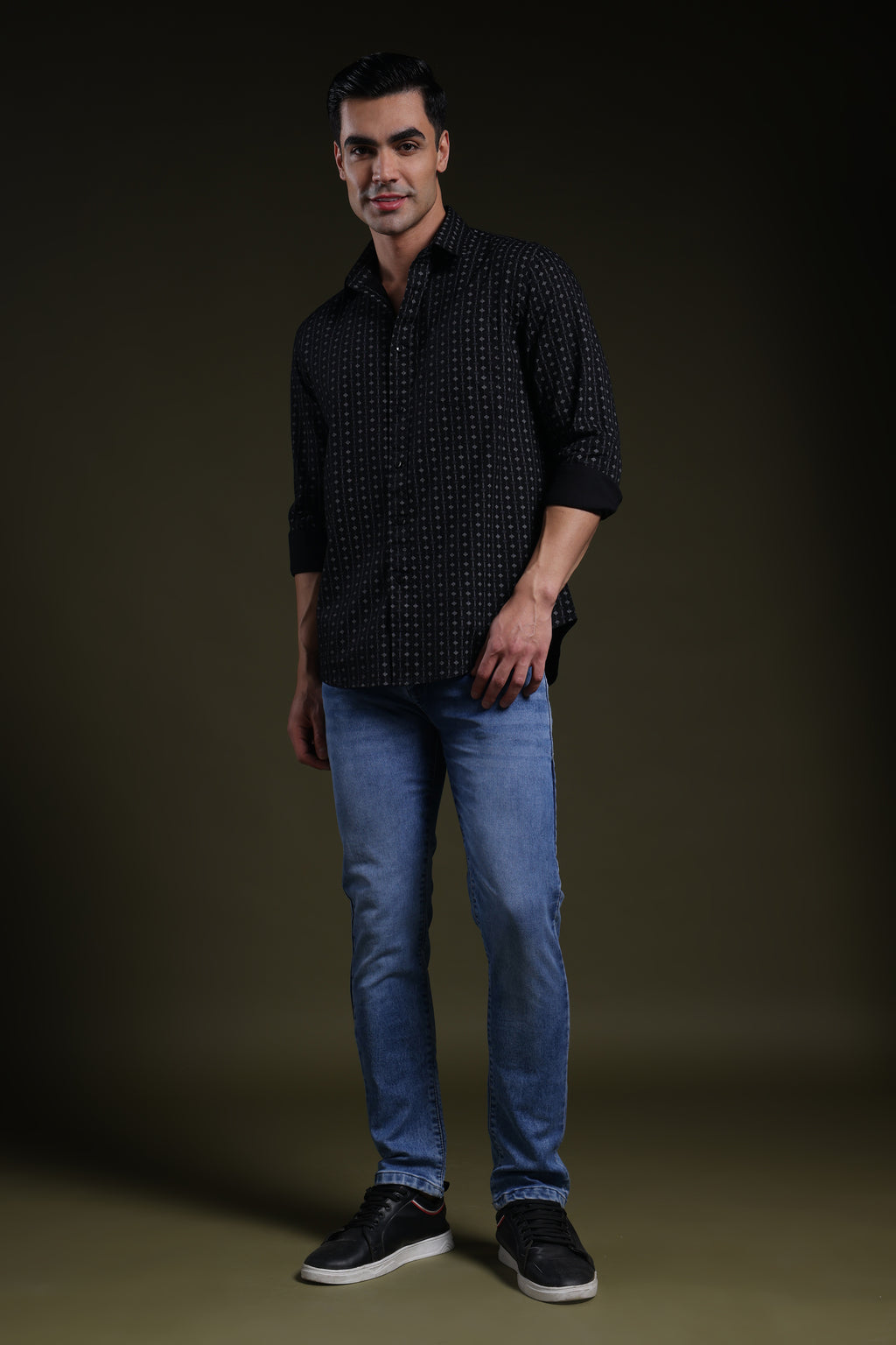 Textured Grid Black Men's Dobby Printed Shirt l Full Sleeve l Slim Fit