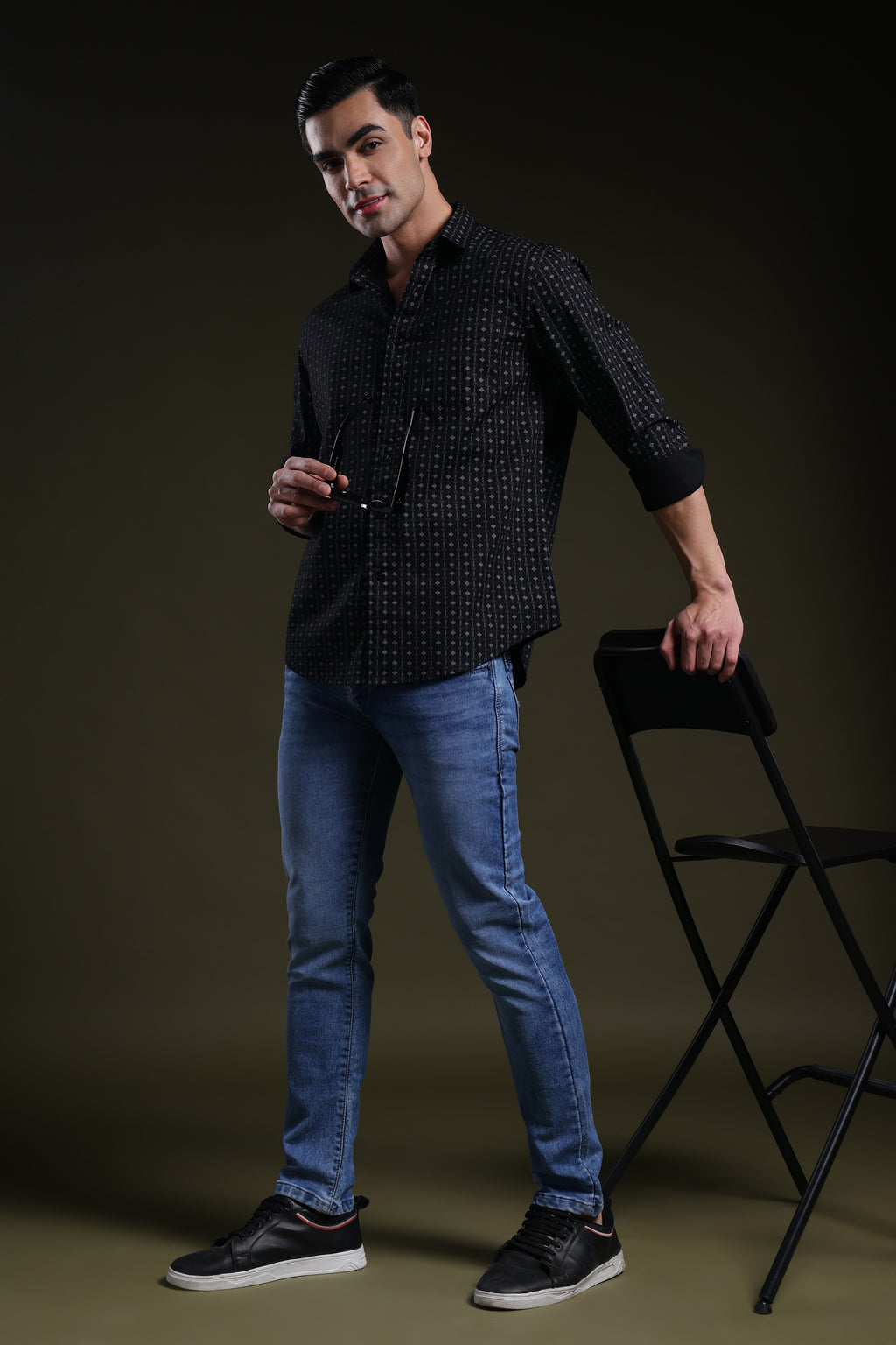 Textured Grid Black Men's Dobby Printed Shirt l Full Sleeve l Slim Fit