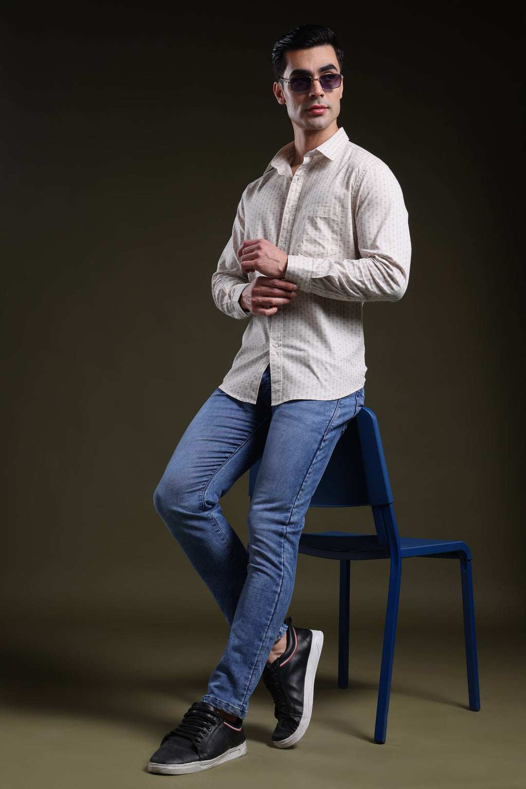 Textured Grid Cream Men's Dobby Printed Shirt l Full Sleeve l Slim Fit