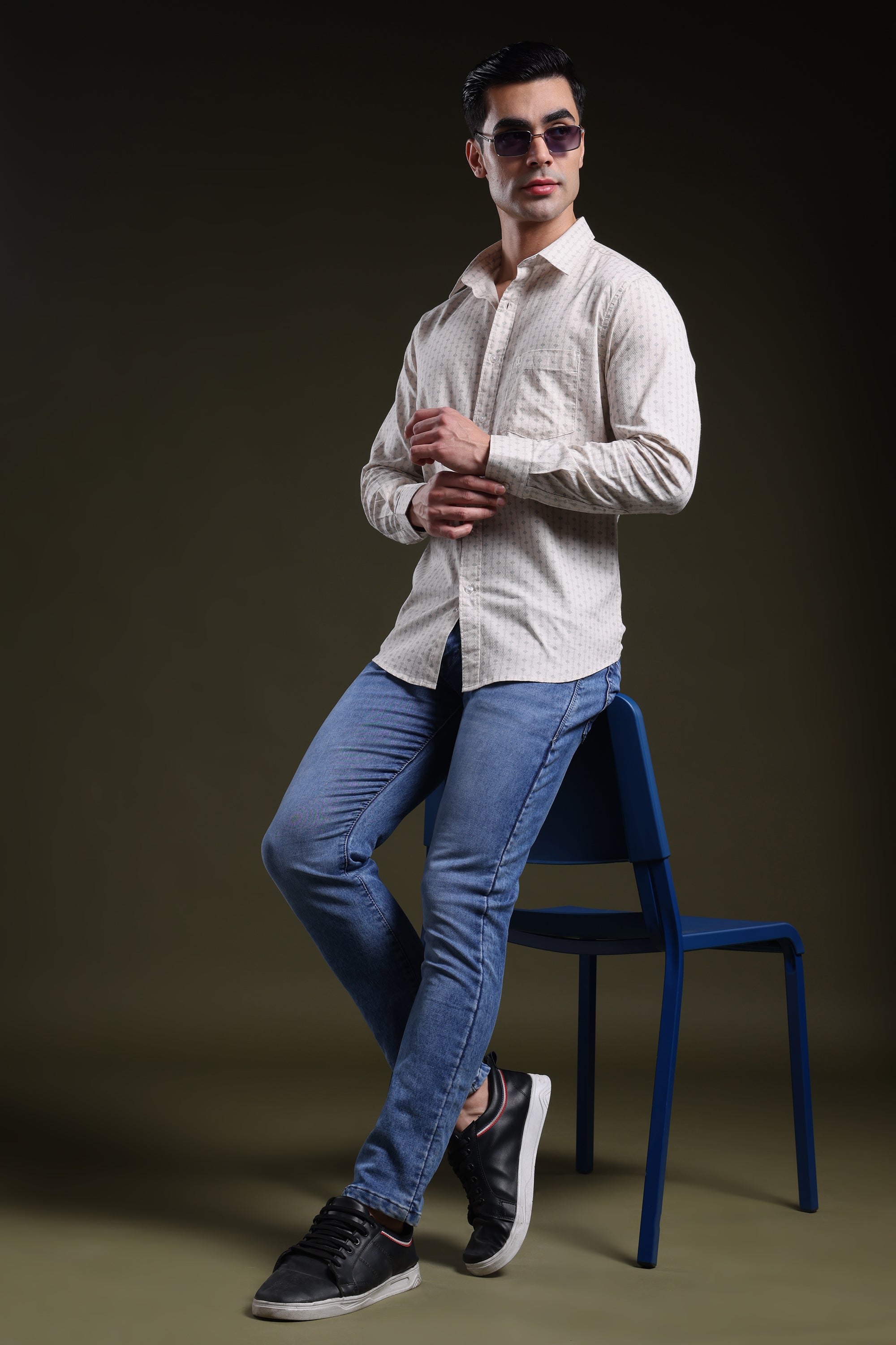 Textured Grid Cream Men's Dobby Printed Shirt l Full Sleeve l Slim Fit