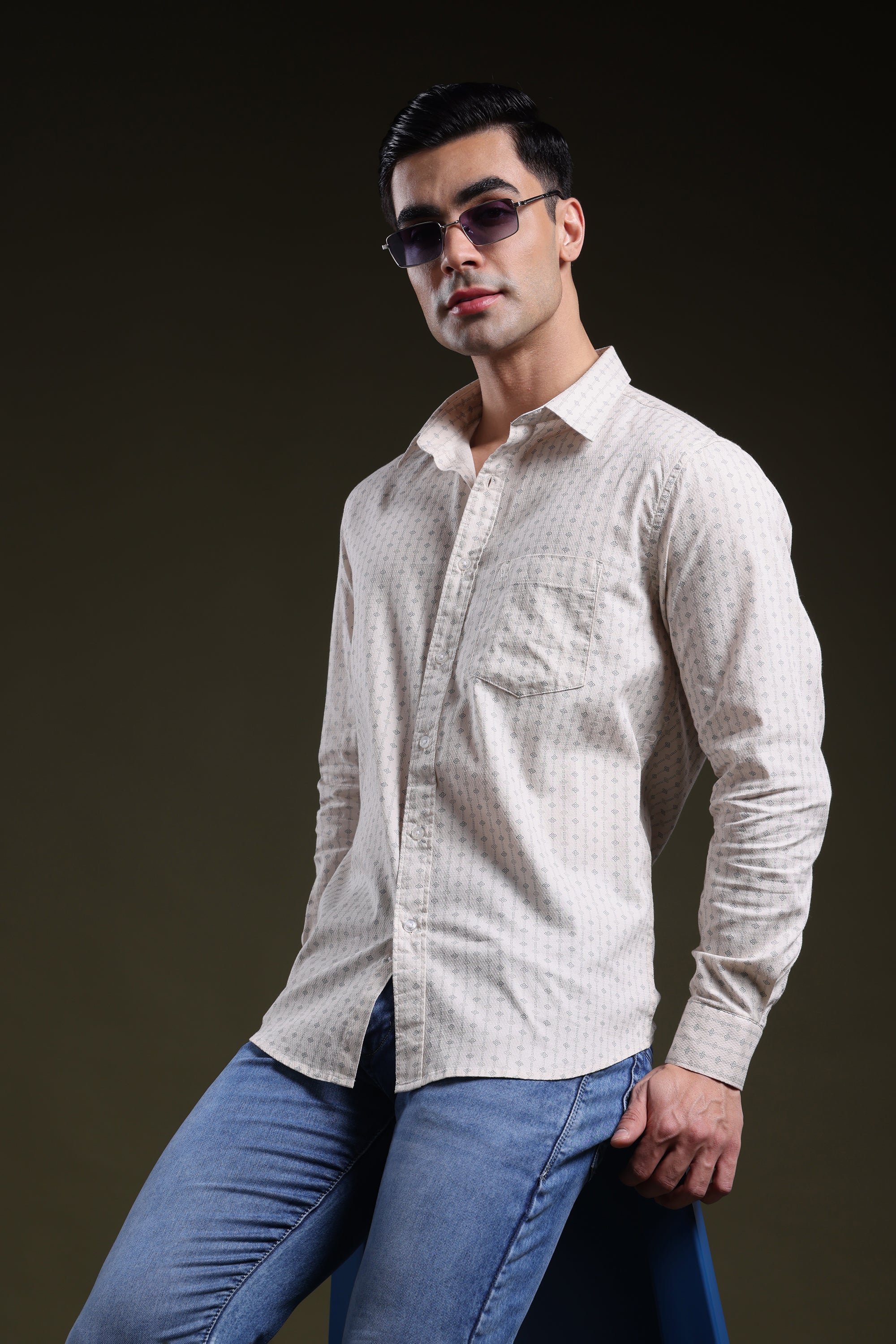 Textured Grid Cream Men's Dobby Printed Shirt l Full Sleeve l Slim Fit