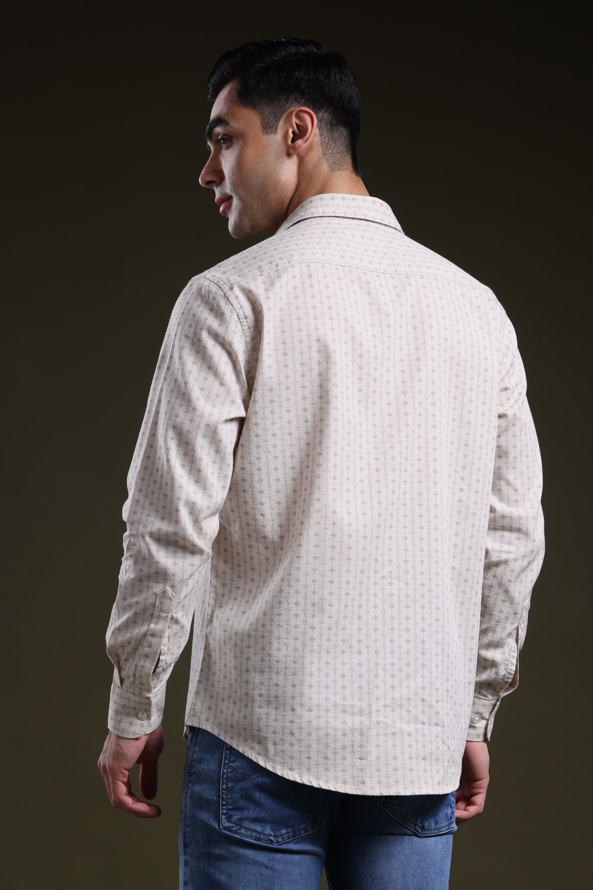 Textured Grid Cream Men's Dobby Printed Shirt l Full Sleeve l Slim Fit