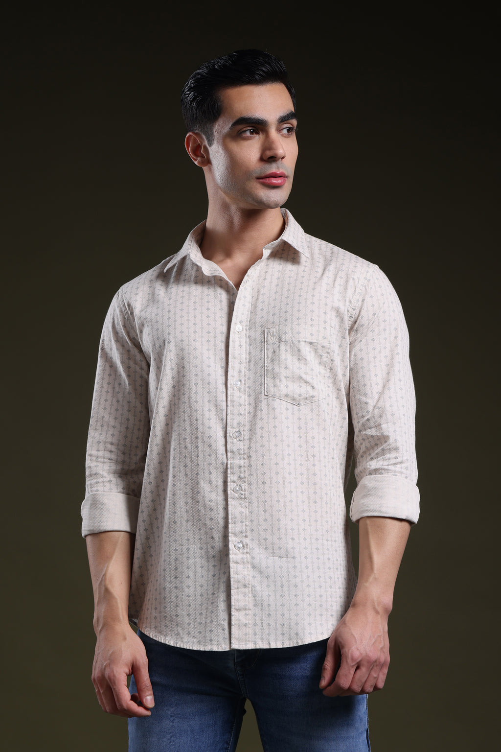 Textured Grid Cream Men's Dobby Printed Shirt l Full Sleeve l Slim Fit
