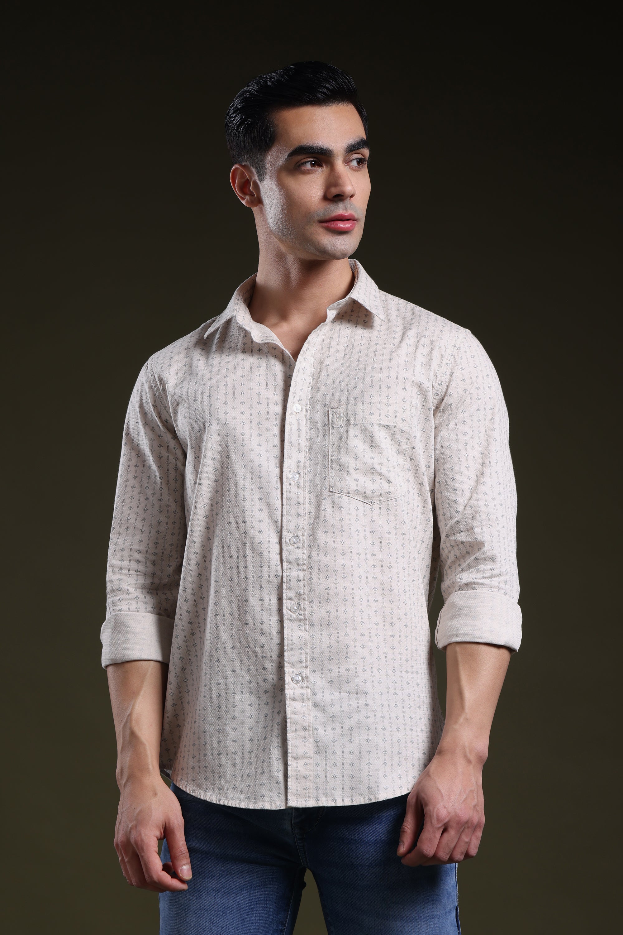 Textured Grid Cream Men's Dobby Printed Shirt l Full Sleeve l Slim Fit