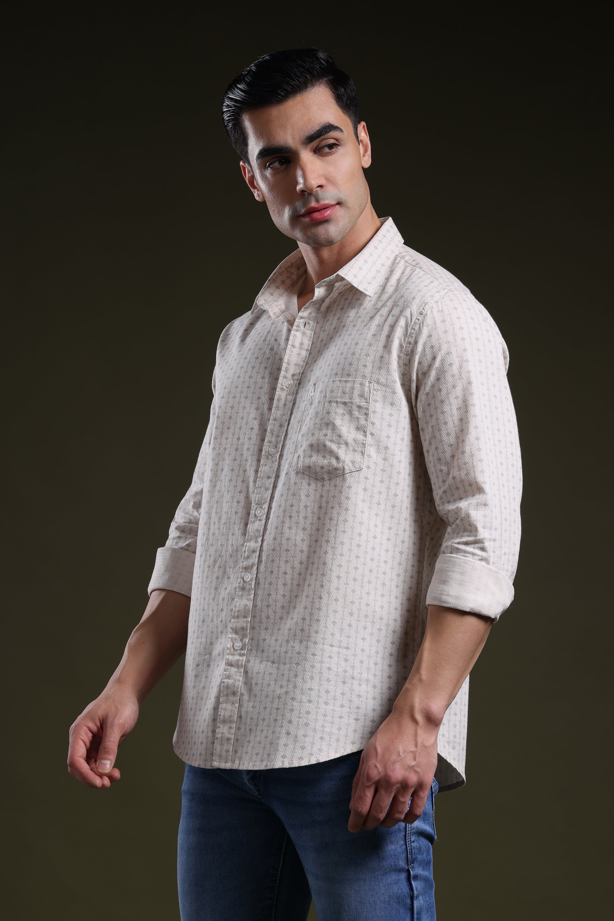 Textured Grid Cream Men's Dobby Printed Shirt l Full Sleeve l Slim Fit